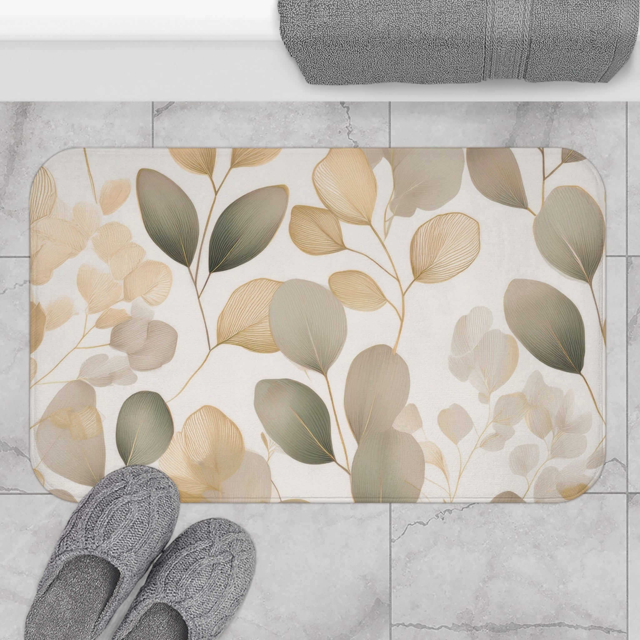 Beige Floral Bath Mat | Neutral Earthy Grey Cream Kitchen Mat
