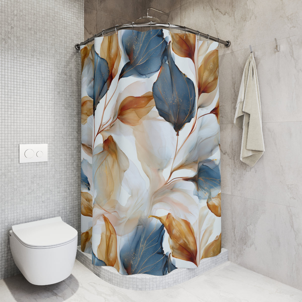 Blue Rust Watercolor Botanical Shower Curtain, Bath Curtain 71x74