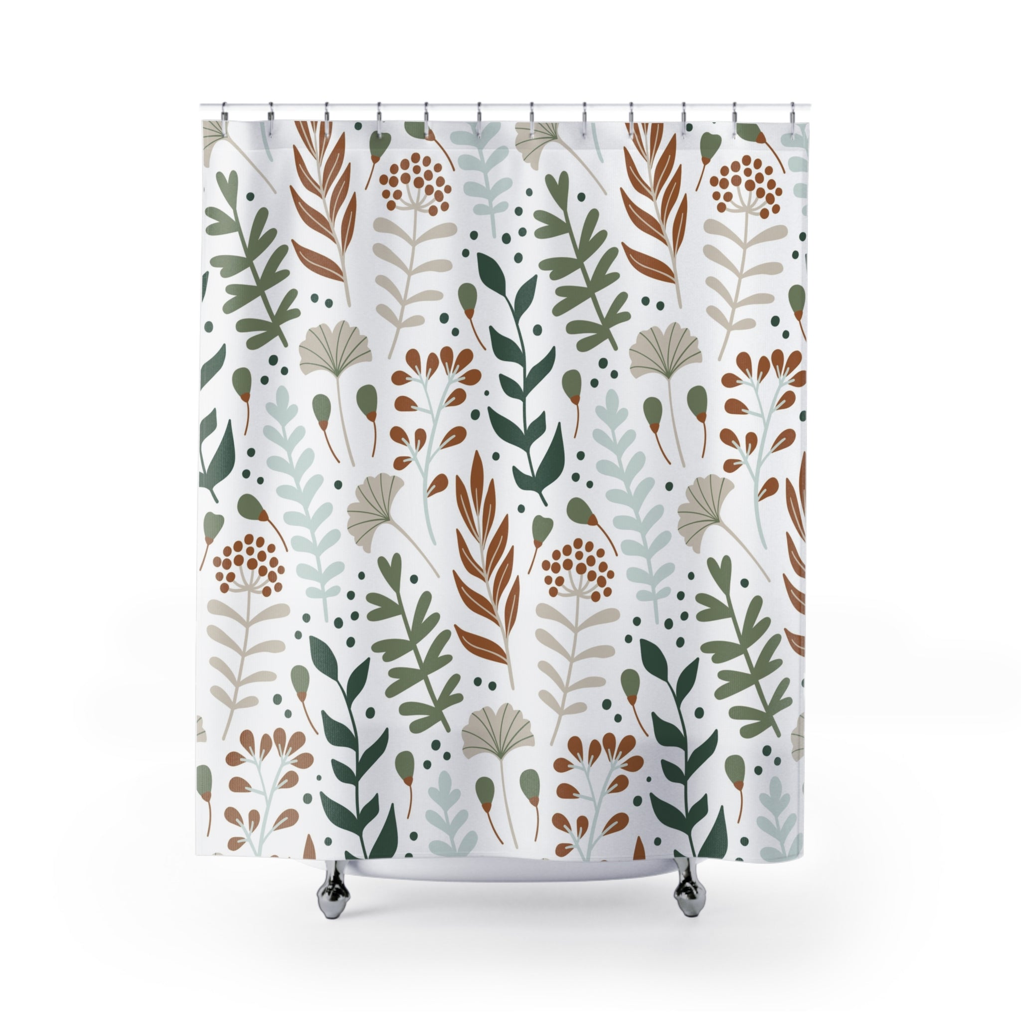 Boho Floral Shower Curtain | Fall Autumn Sage Green, Rust White Leaves