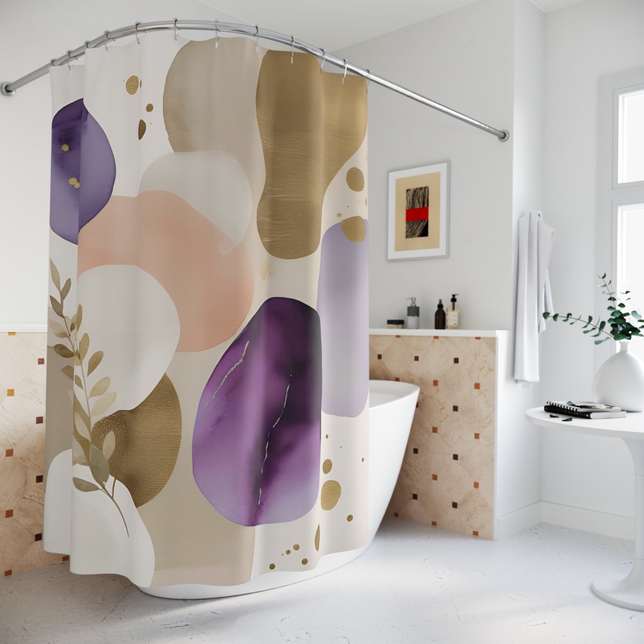 Abstract Shower Curtain | Lavender Purple Blush White, Beige Leaves