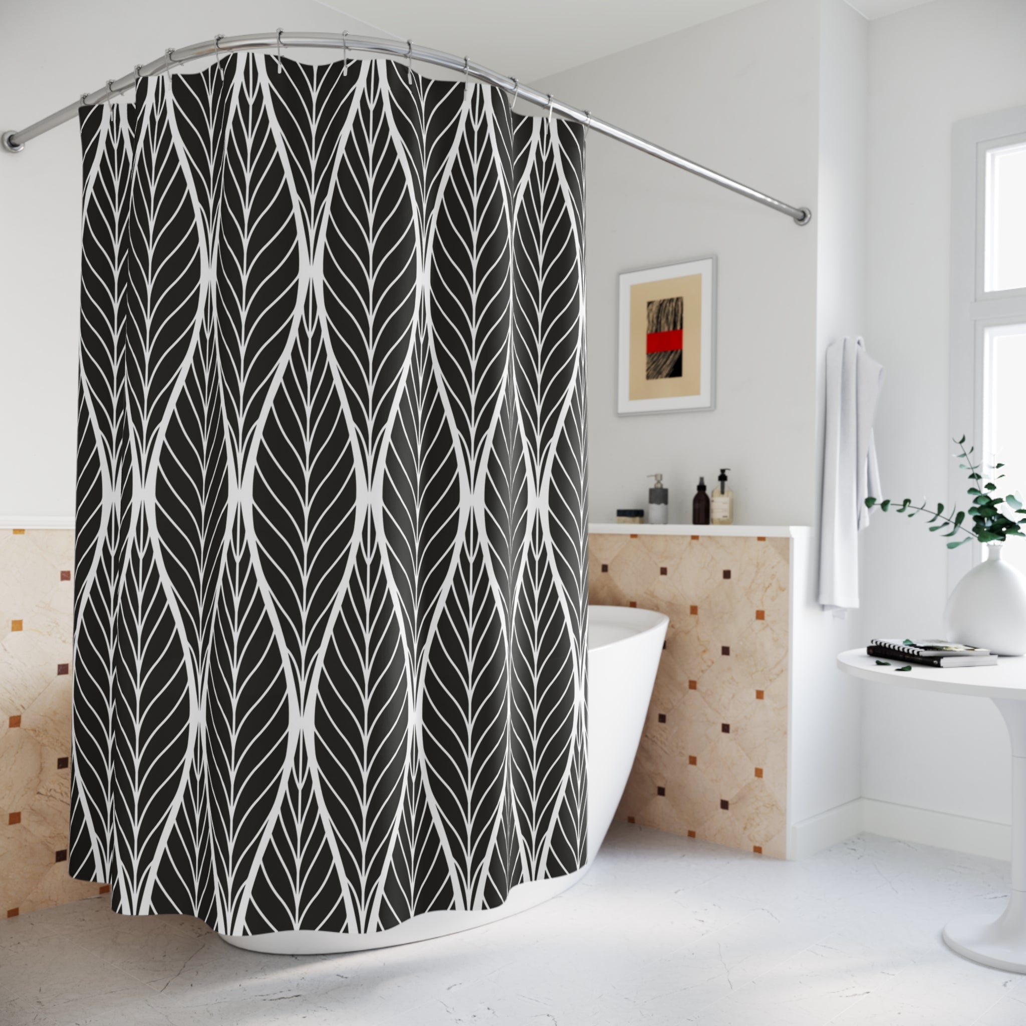 Black White Shower Curtain | Art Noveau Leaves Fabric Curtain