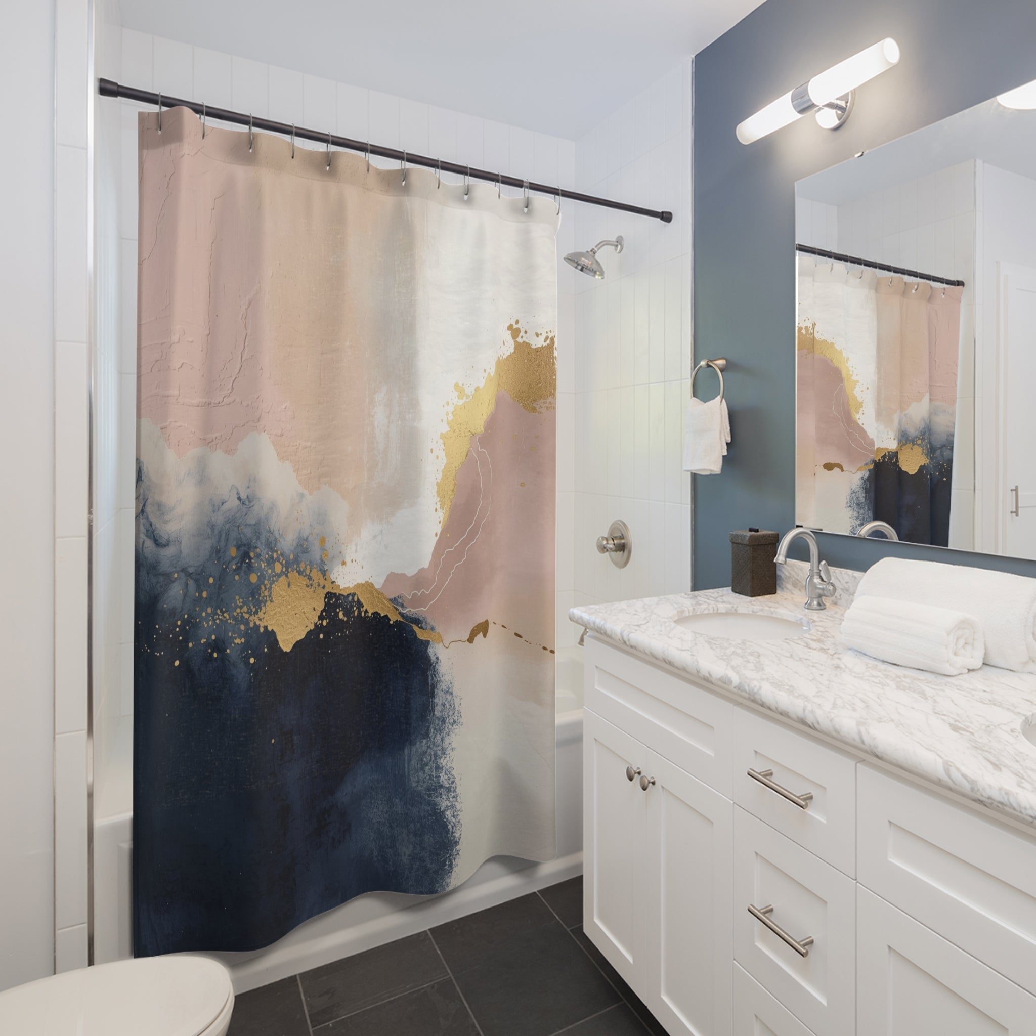 Boho Abstract Shower Curtain | Navy Blue, Blush White Watercolor