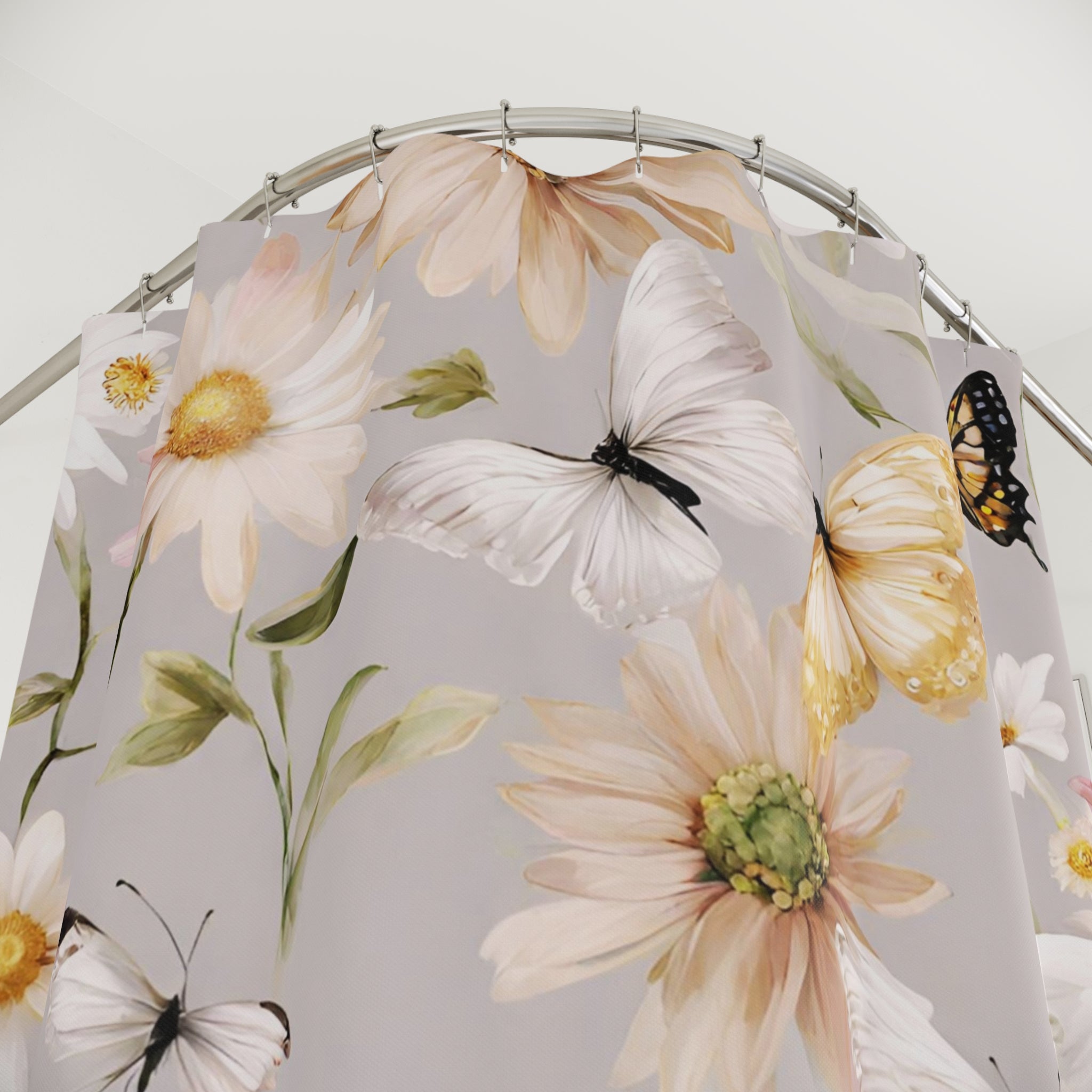 Floral Shower Curtain | Wildflowers, Daisies, White Beige Butterflies