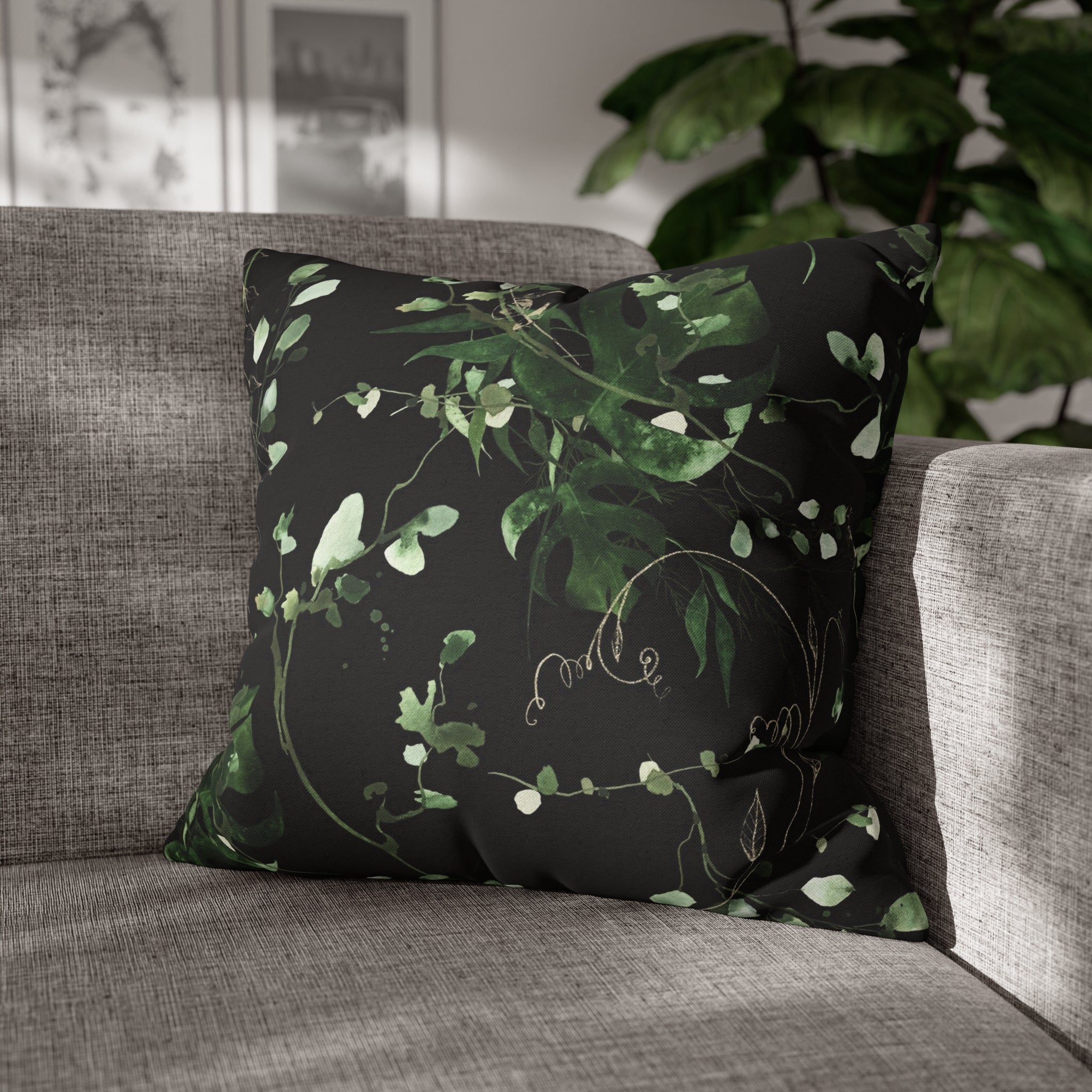Black Floral Pillow Cover | Beige Sage Green Leaves