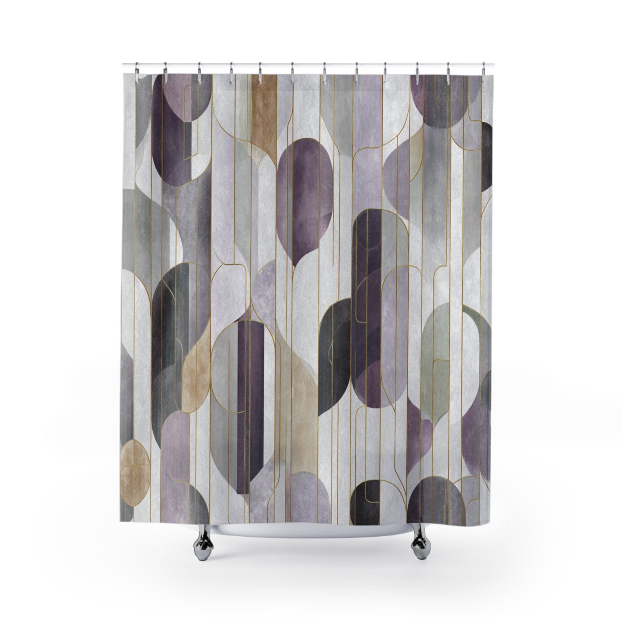 a shower curtain with a geometric pattern of abstract shapes in various shades of gray, purple, and brown.