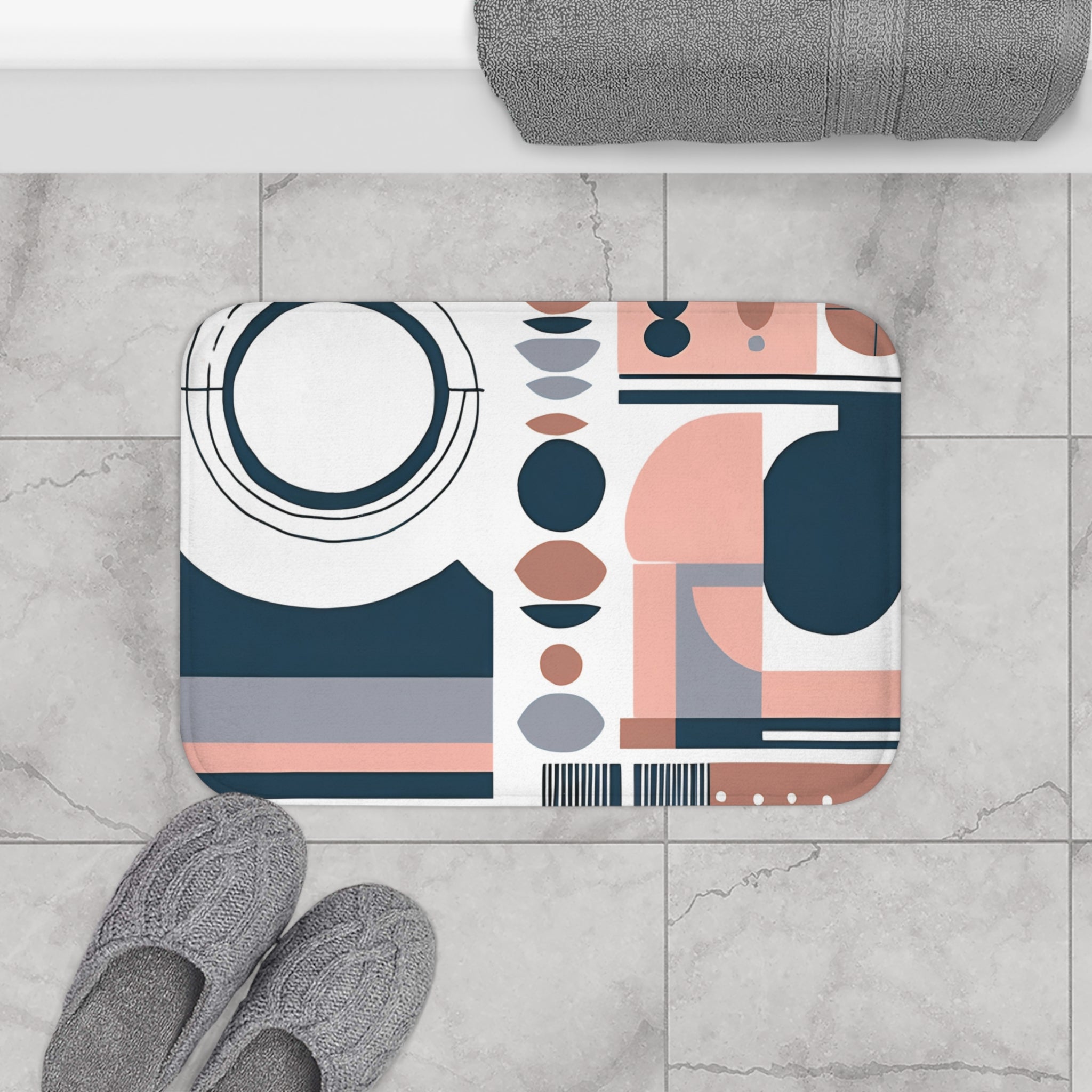 Boho Bath Mat | Geometric, Mid Century Earthy White Kitchen Mat