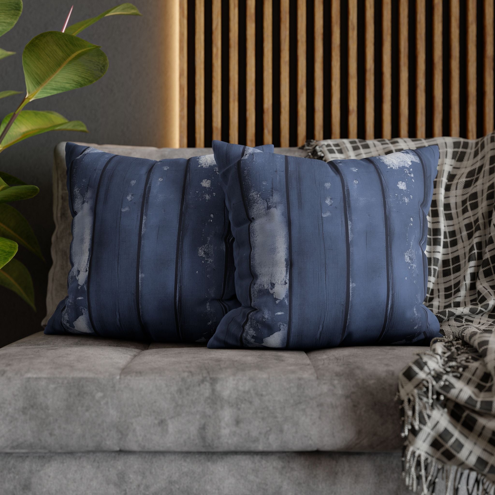 Rustic Wooden Throw Pillow Cover, Blue Modern Organic Decor Cushion