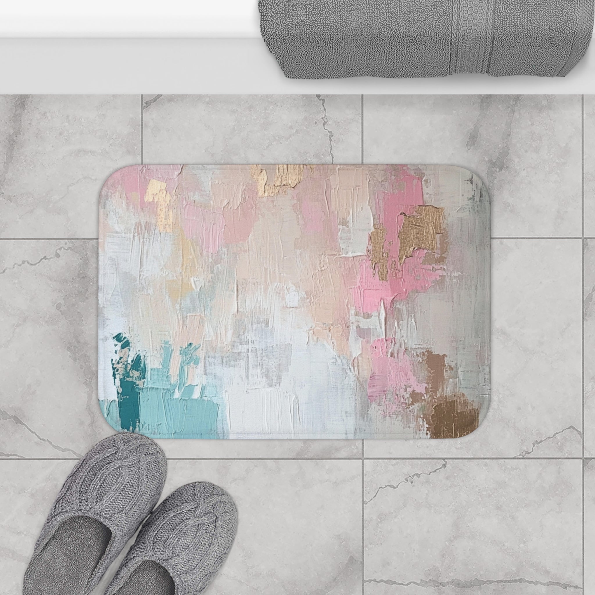 Pink Bath Mat | Abstract Teal Blue Ombre Kitchen Mat