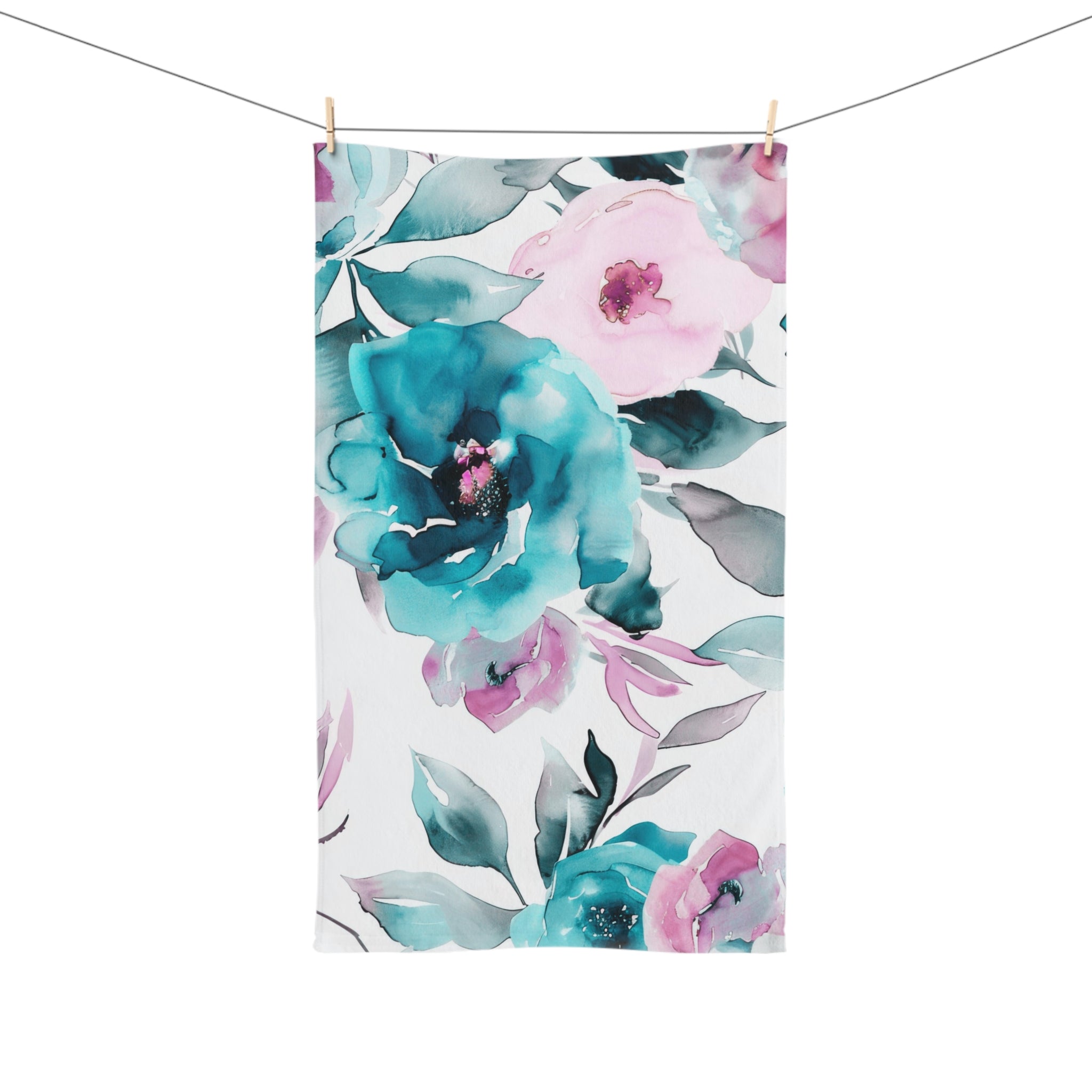 Kitchen, Bath Hand Towel | Floral Pink, White Teal Blue Towel