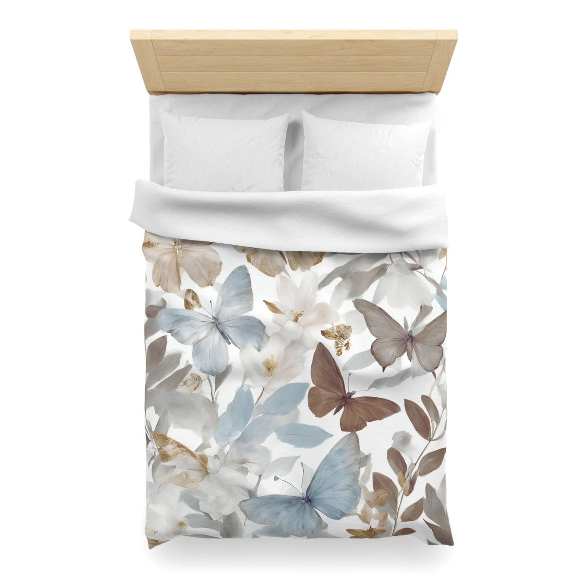 a bed with a white comforter and a floral print featuring butterflies and flowers.