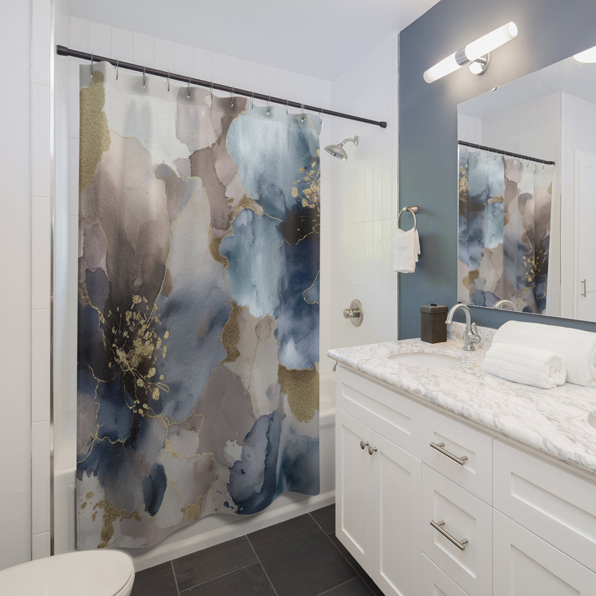 a modern bathroom with a white vanity, a shower curtain with a floral pattern, and a mirror above the vanity.