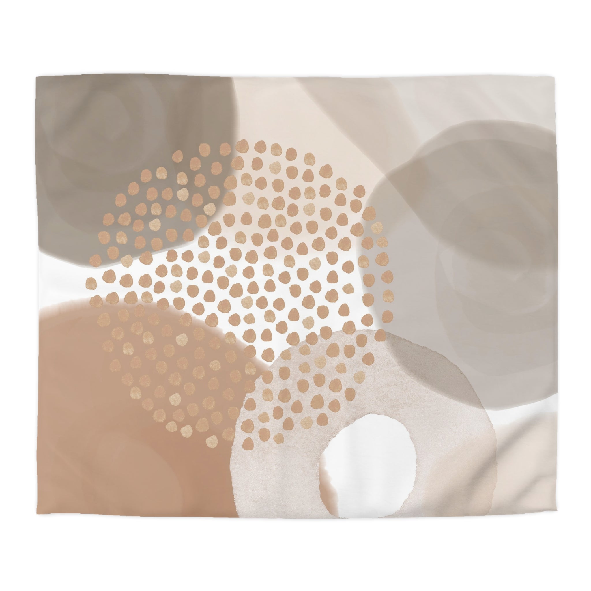 The image is an abstract art piece featuring a circular pattern of dots and shapes in various shades of brown and beige.