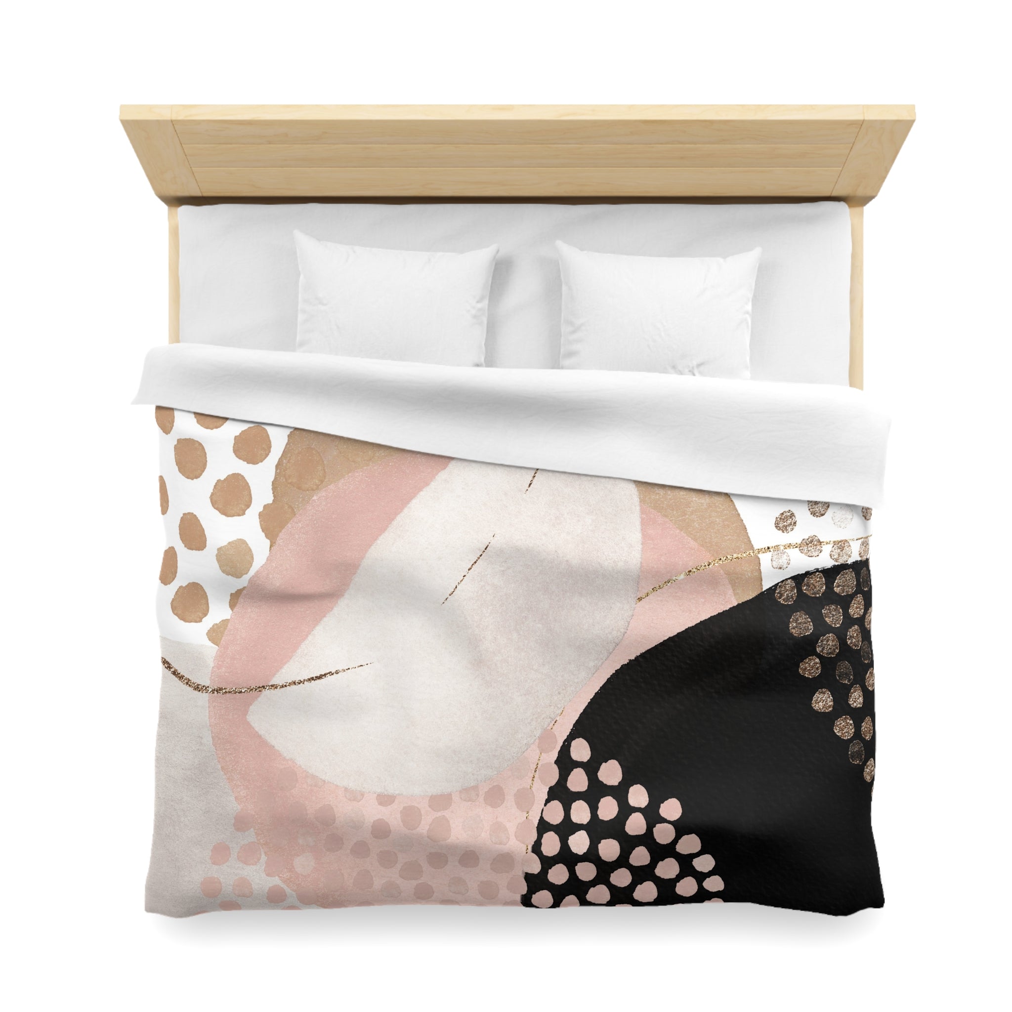 a bed with a colorful abstract patterned comforter and pillows.