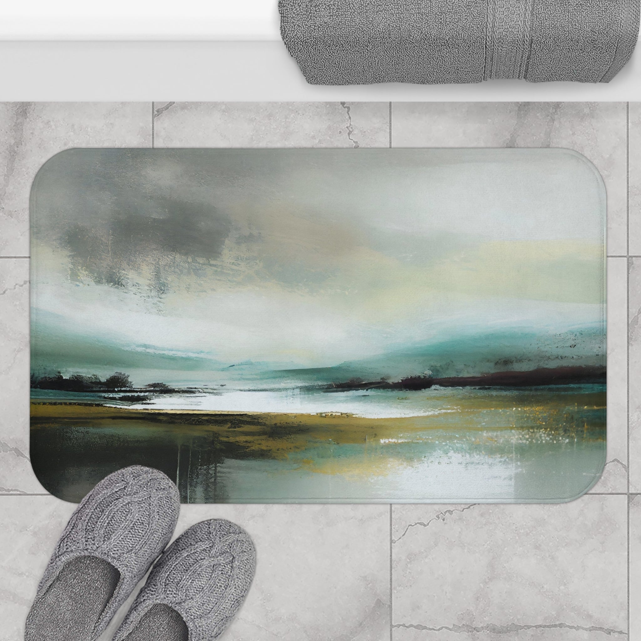Boho Kitchen, Bath Mat | Abstract Landscape, Grey Teal Green