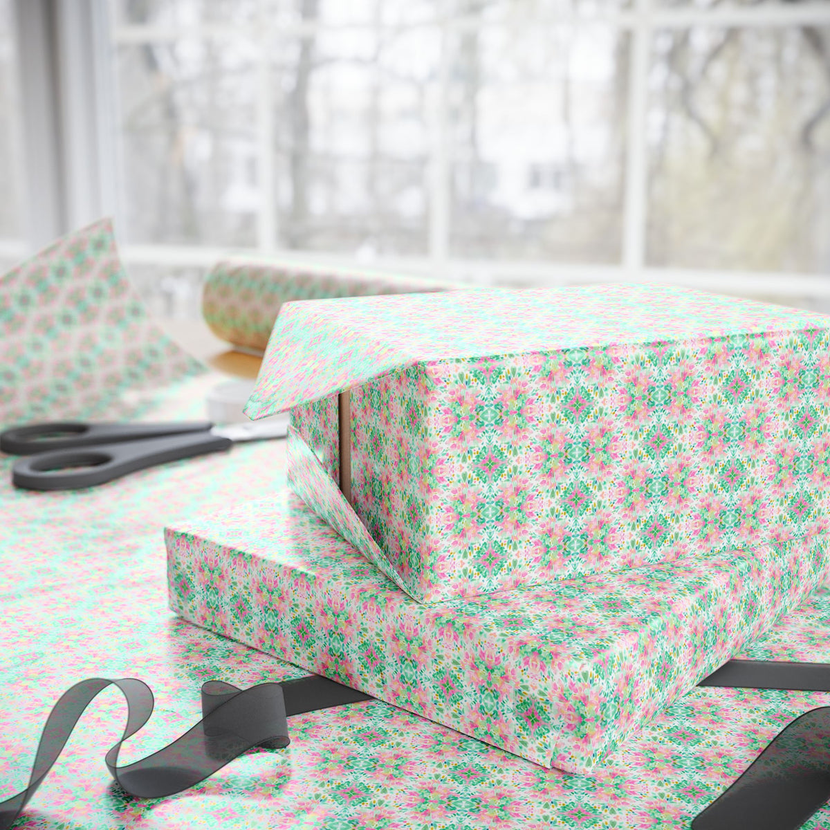 Bright Pink Green Watercolor Wrapping Paper, Kaleidoscope Gift Wrap
