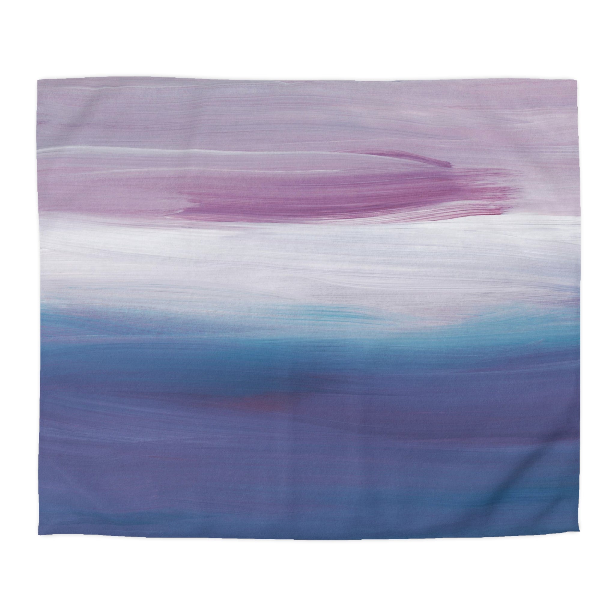 The image is a vibrant abstract painting with a gradient of colors, including shades of purple, blue, and white. The painting features a mix of horizontal and vertical strokes, creating a sense of movement and depth. The overall composition is visually striking and captures the viewer's attention.