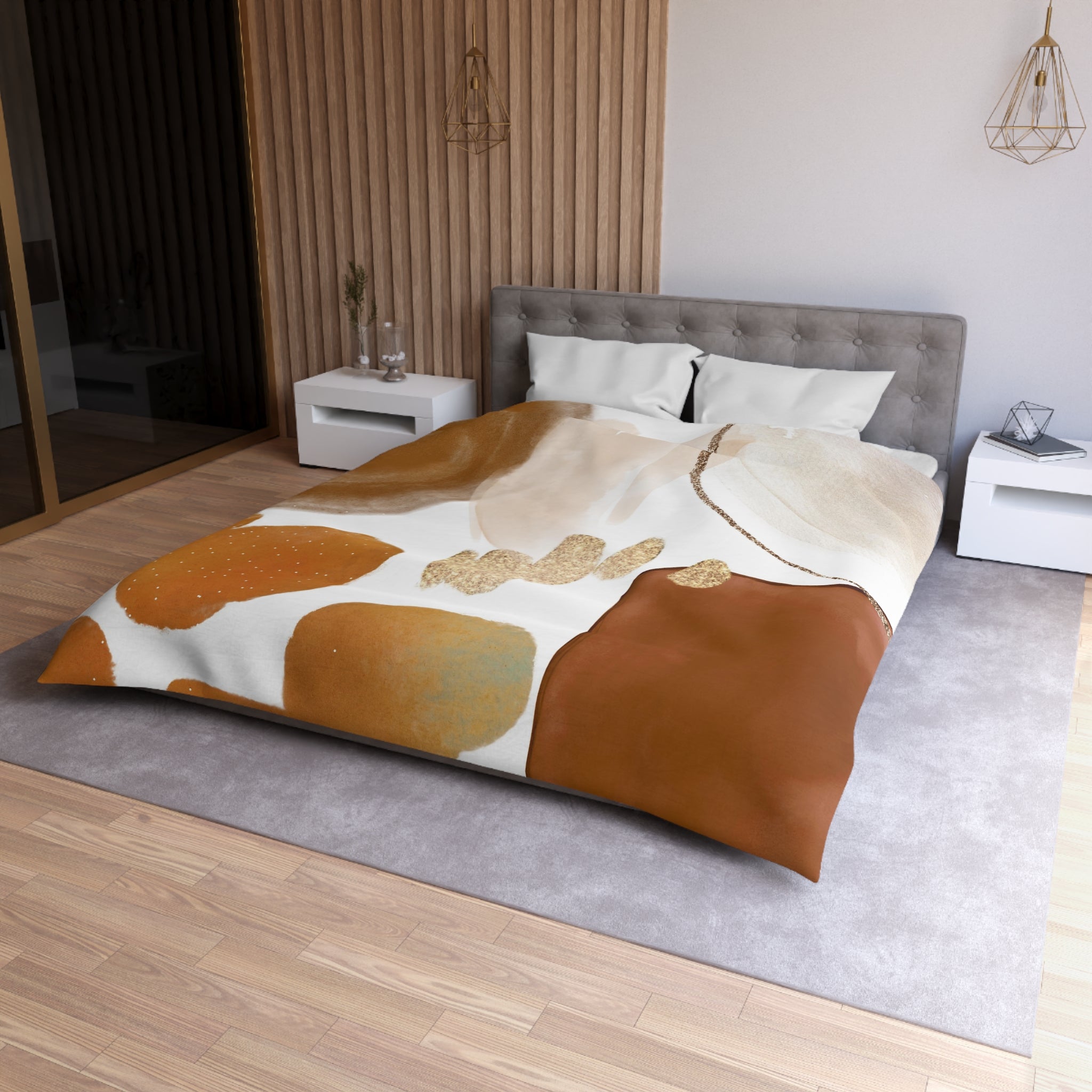 a modern bedroom with a large bed, a gray headboard, and a wooden wall. The bed is covered with a colorful, abstract-patterned comforter. There are two nightstands on either side of the bed, and a rug is placed in front of the bed. The room has a minimalist and stylish design, with a focus on natural materials and warm tones.