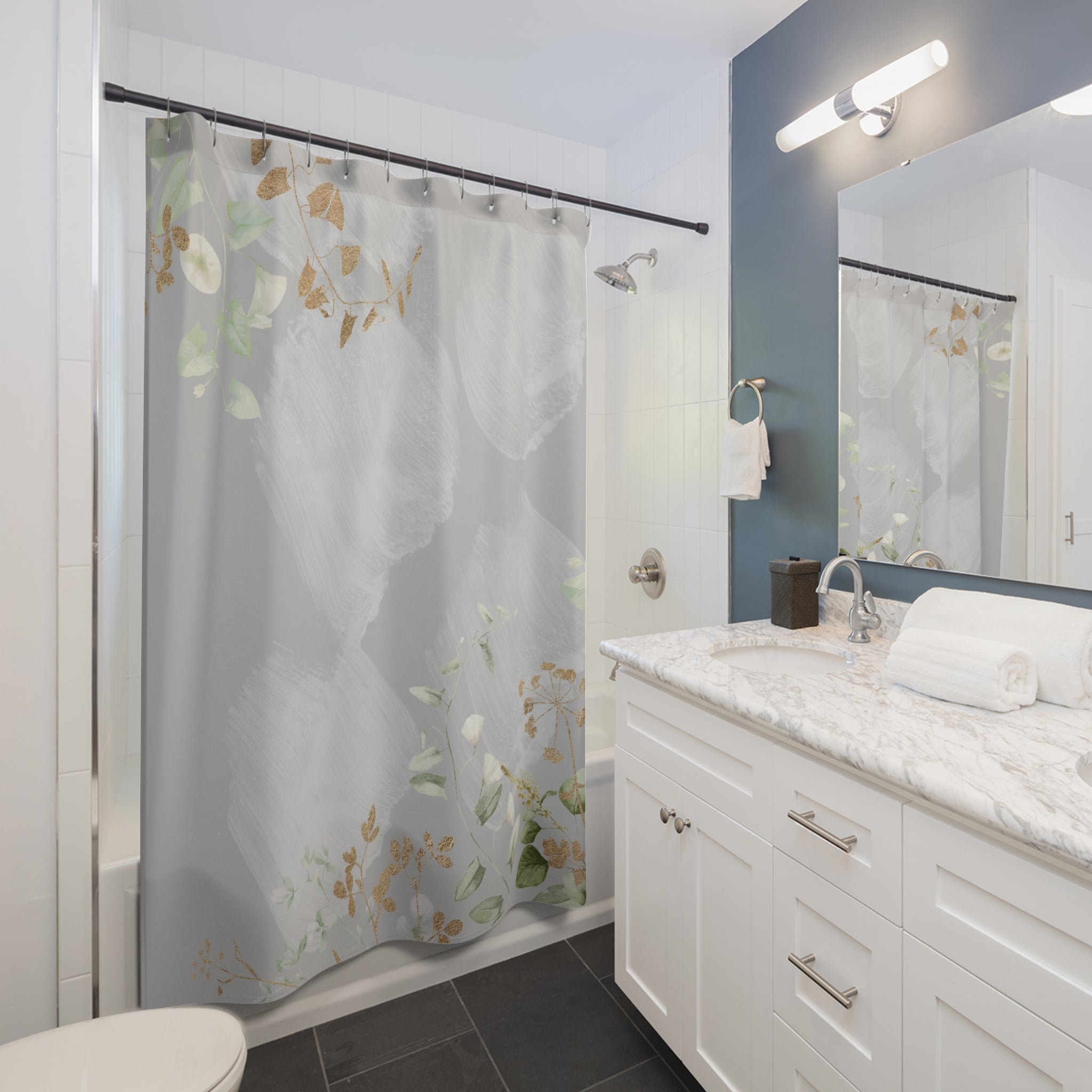 Grey Floral Shower Curtain | Sage Green Leaves