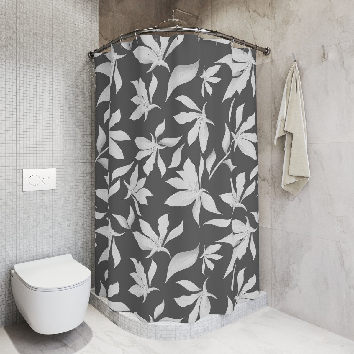 a modern bathroom with a gray and white floral patterned shower curtain, a white toilet, and a towel rack.