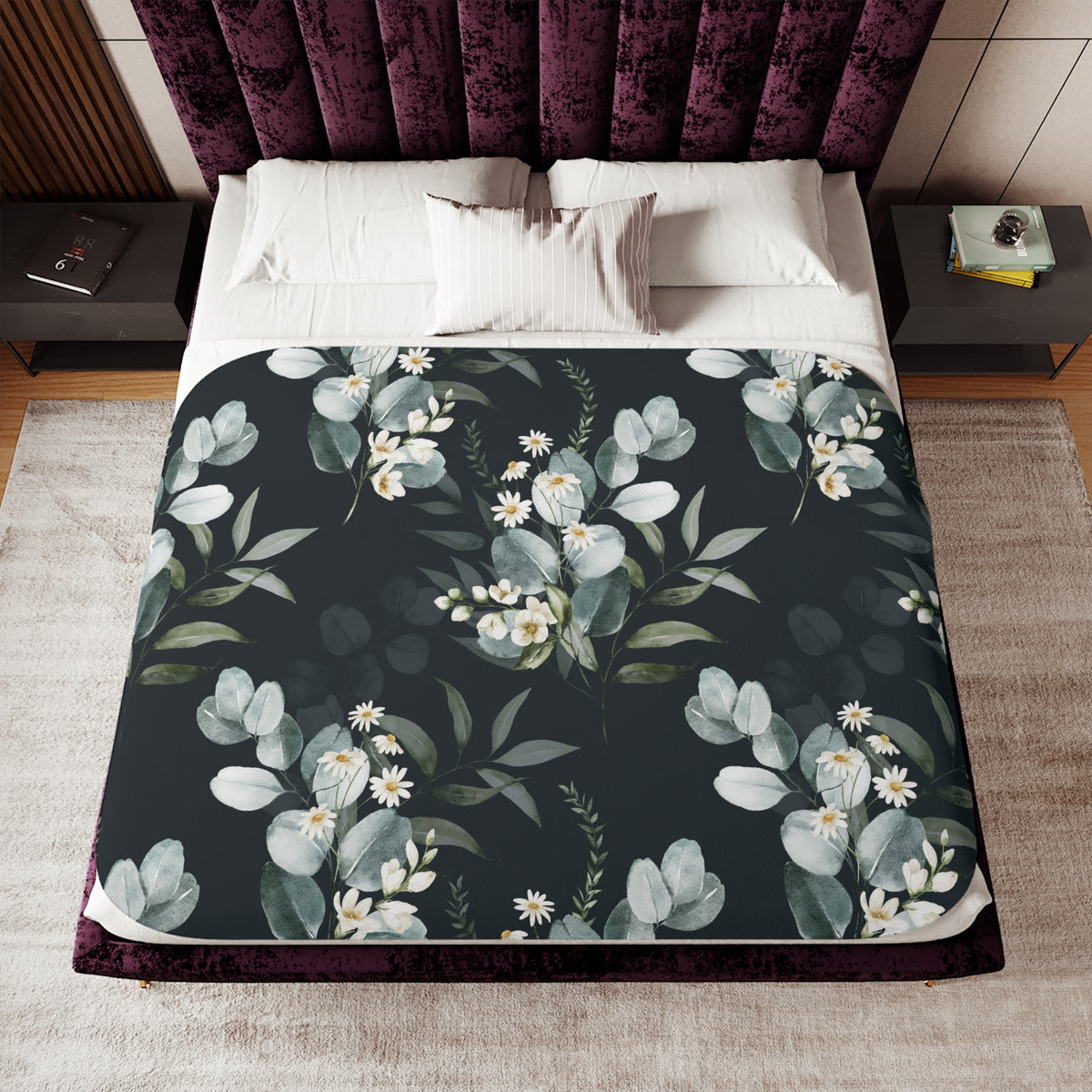 Moody Sage Eucalyptus Daisy Sherpa Blanket | Charcoal Botanical Throw