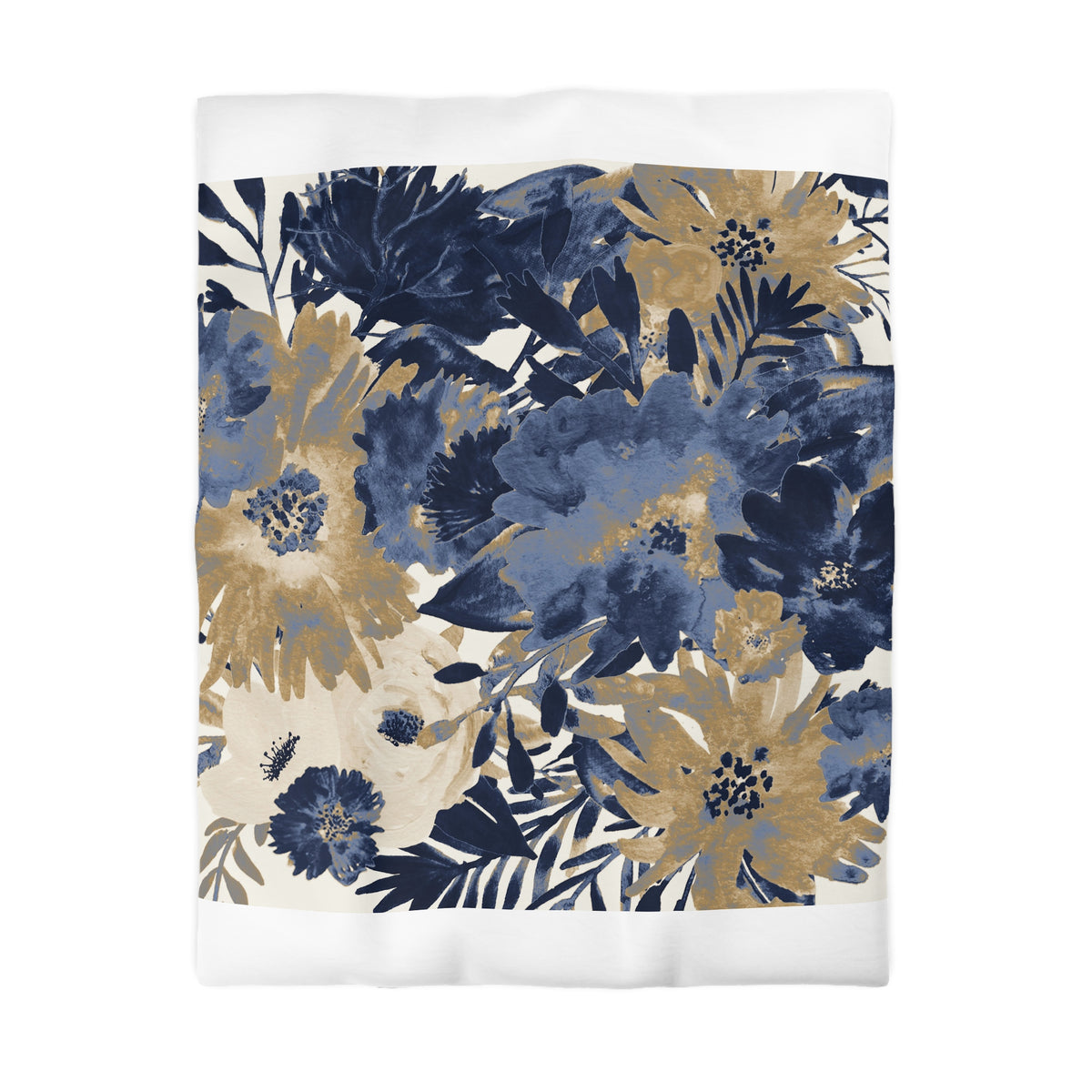 a vibrant floral pattern with blue, gold, and white colors. The pattern consists of various flowers and leaves, creating a visually striking and intricate design.