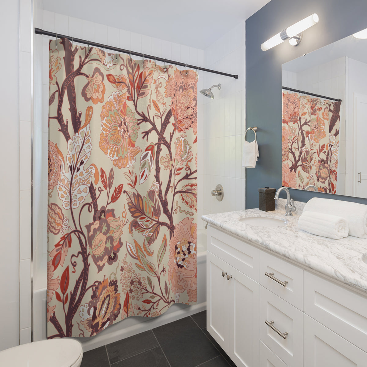 Peach Terracotta Jacobean Floral Shower Curtain, Bath Curtain 71x74
