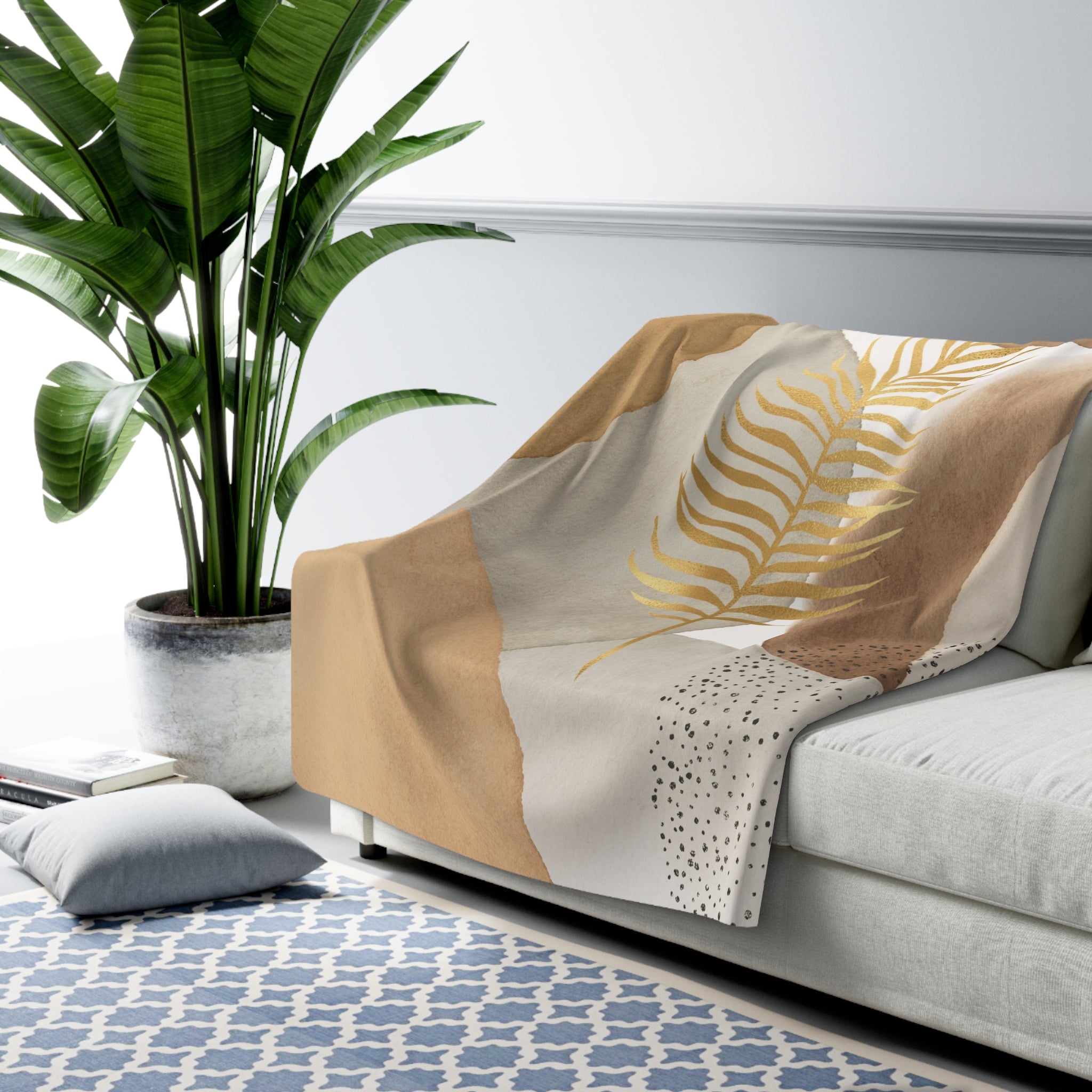 Abstract Throw Blanket | Beige Grey Gold Leaf
