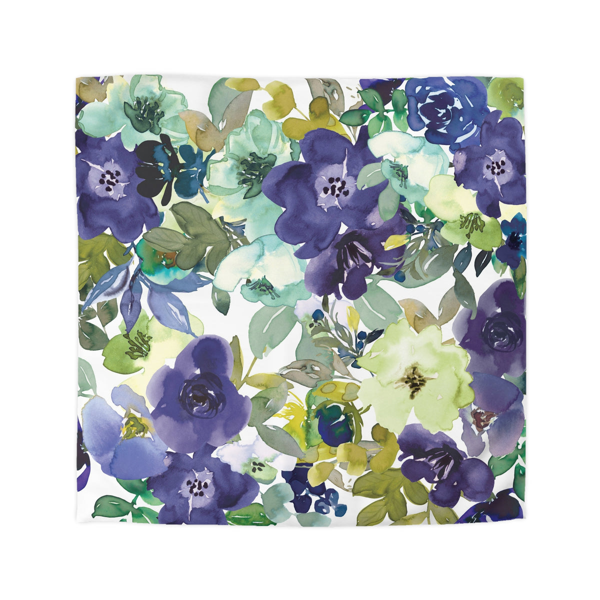The image is a vibrant and colorful floral print featuring a variety of flowers in shades of blue, green, and yellow. The flowers are arranged in a visually appealing manner, creating a lively and dynamic composition.