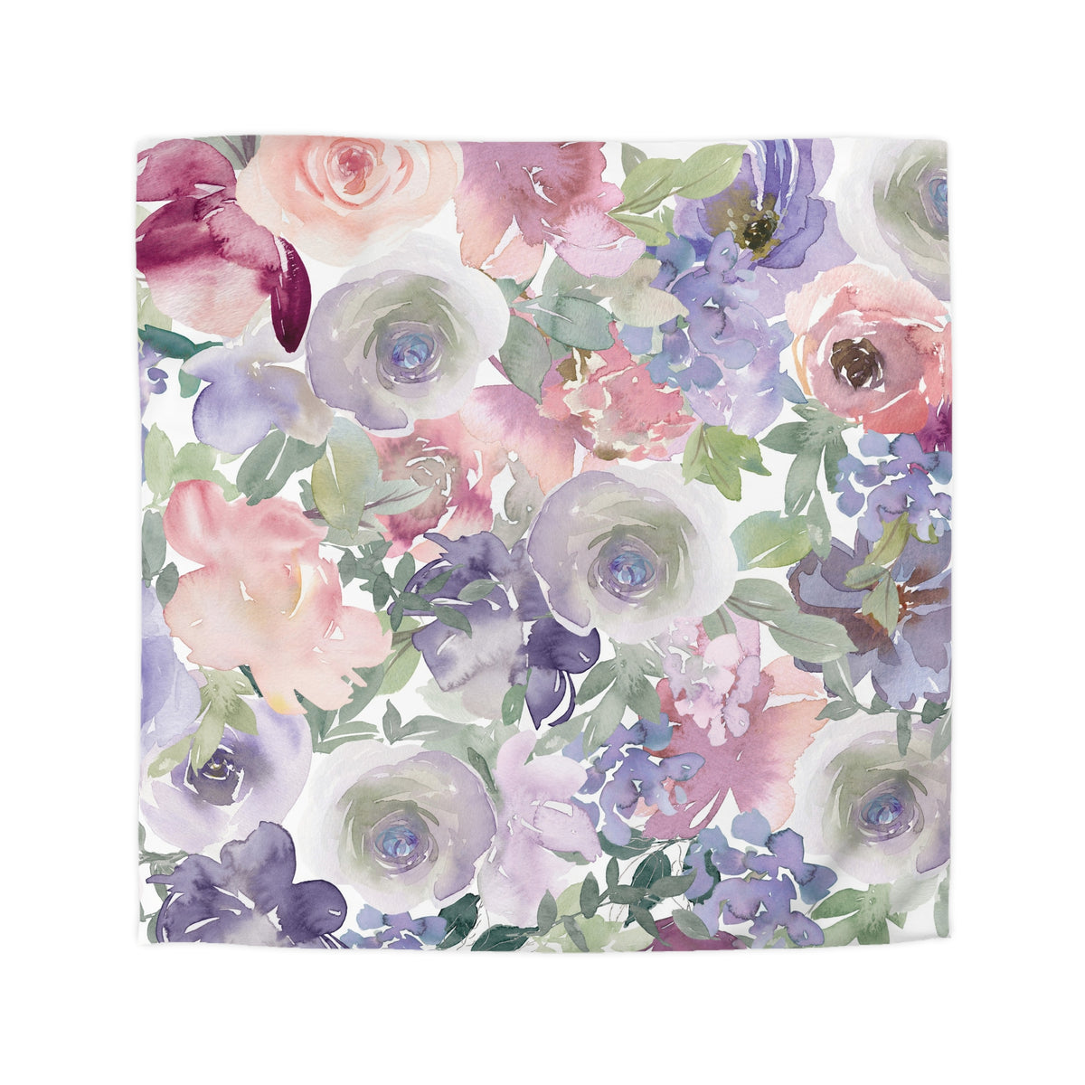 The image is a vibrant and colorful floral pattern featuring a variety of flowers in shades of pink, purple, and white.