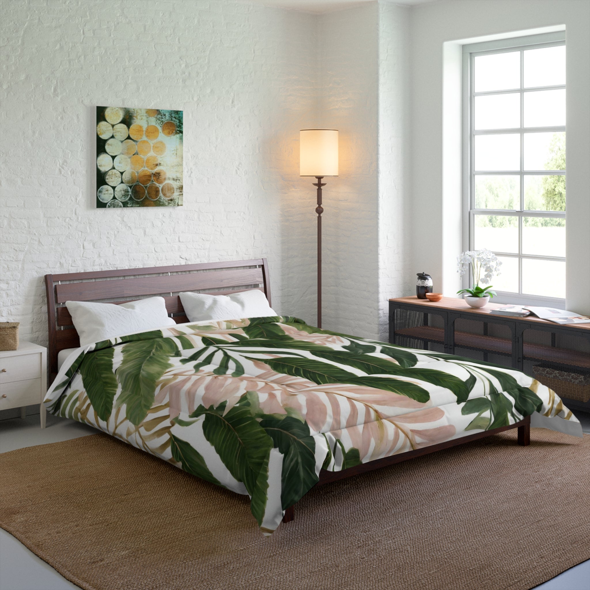 Floral Comforter | Forest Green, Blush Pink, Banana Leaves Jungle