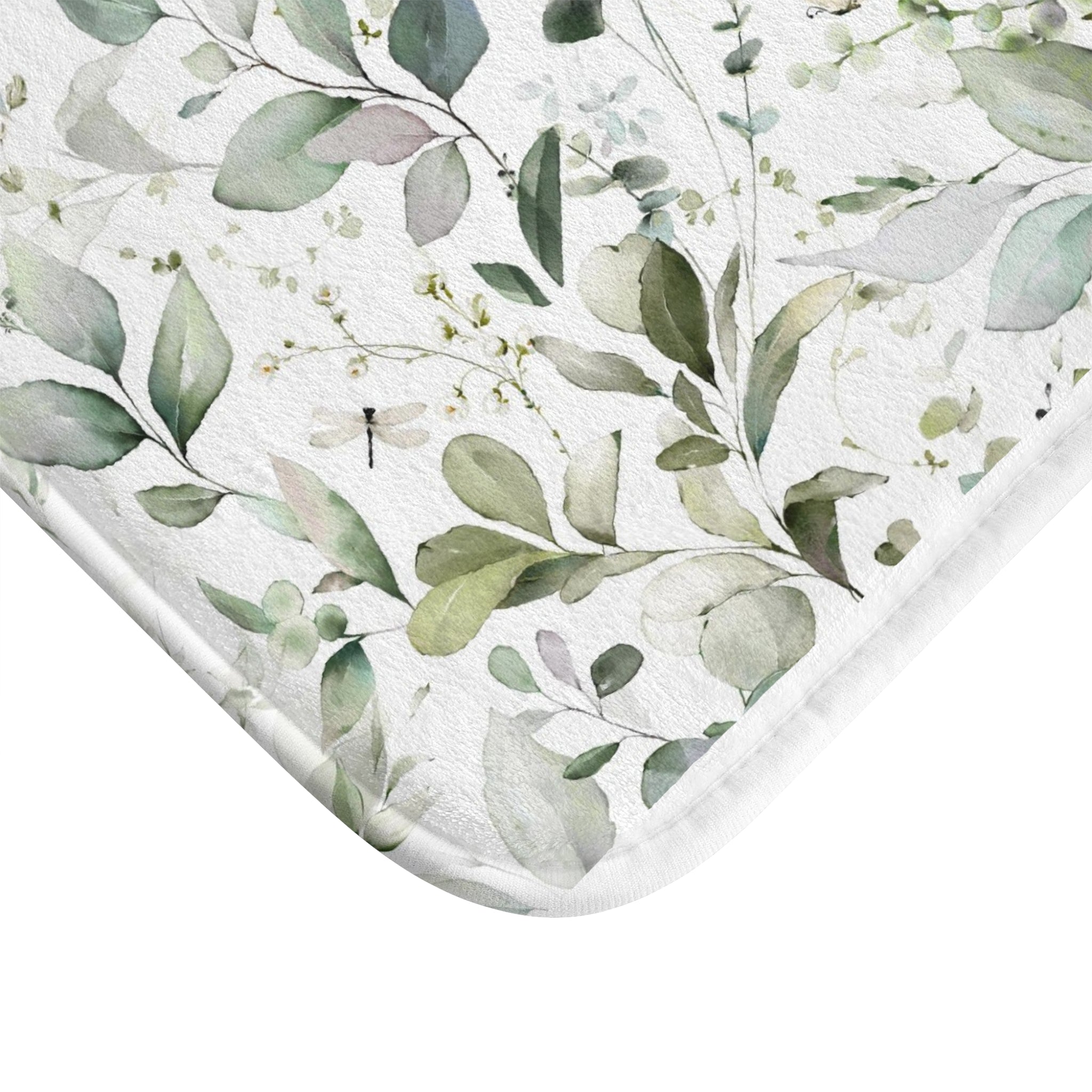 Floral Boho Bath, Kitchen Mat, Rug | White Sage Green Eucalyptus Leaves