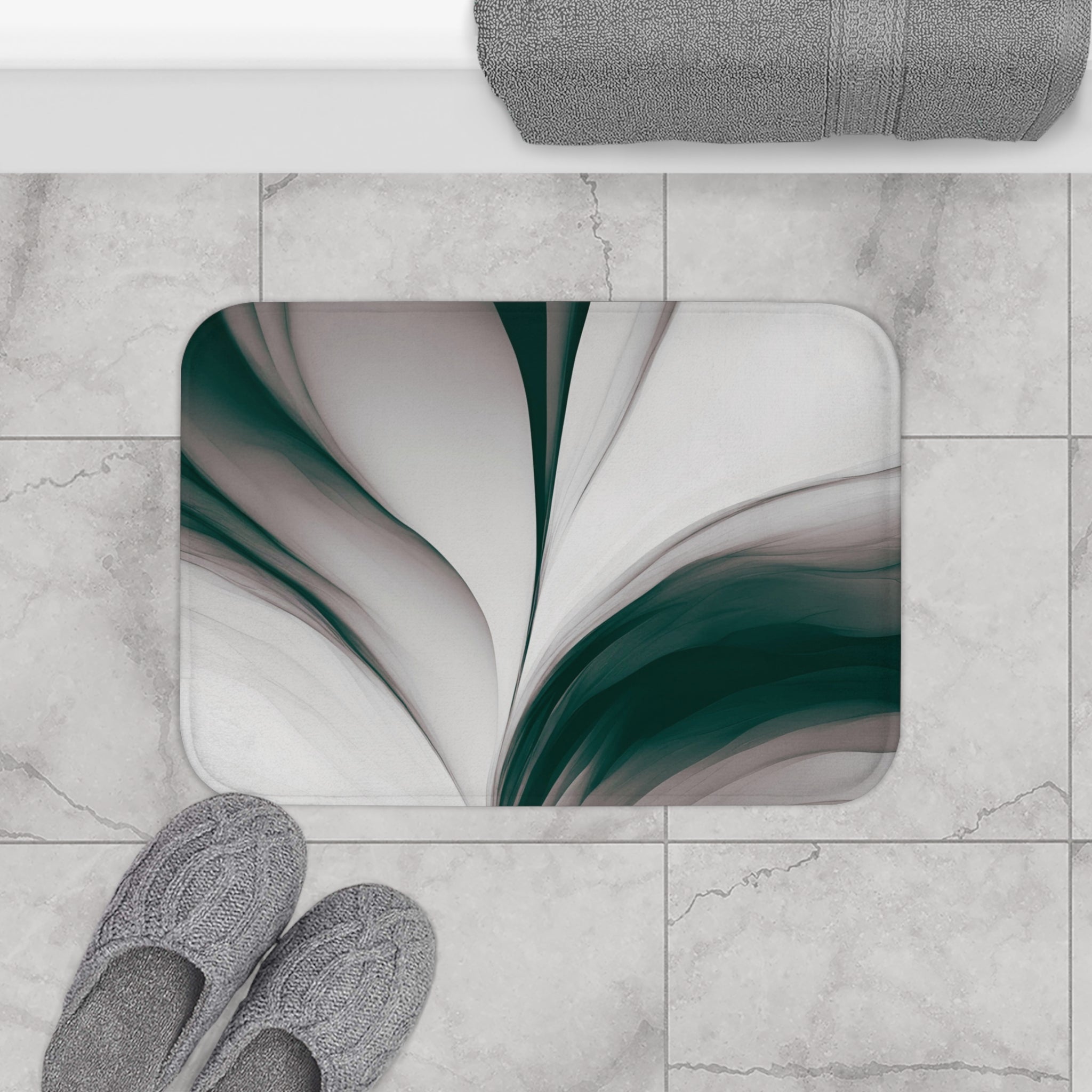 Abstract Kitchen, Bath Mat | Forest Green, Grey Watercolor