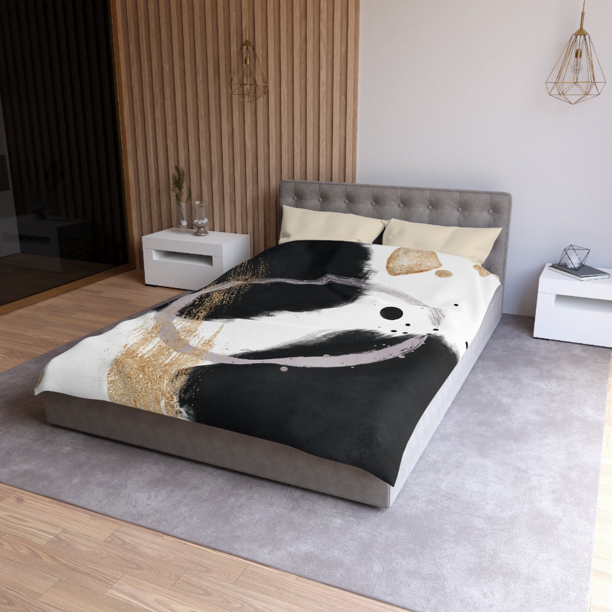 a modern bedroom with a large bed, white nightstands, and a wooden wall. The bed has a black and white abstract design on the comforter, and the room has a neutral color scheme with a gray carpet and white walls.