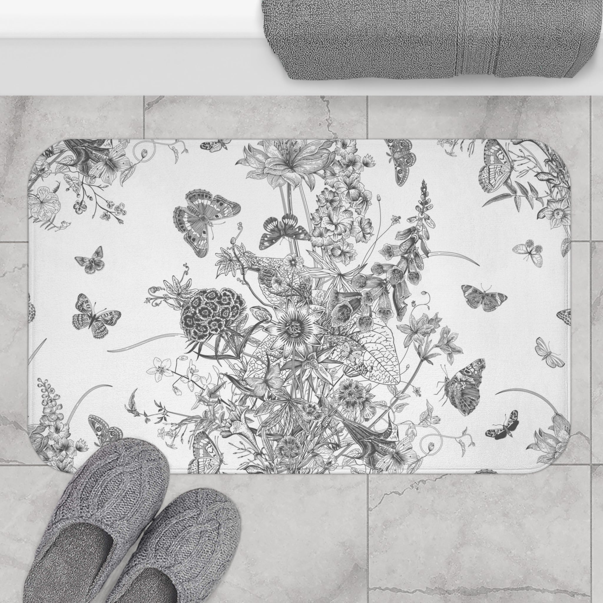 Vintage Bath Mat | Grey White, Butterflies Floral Kitchen Mat