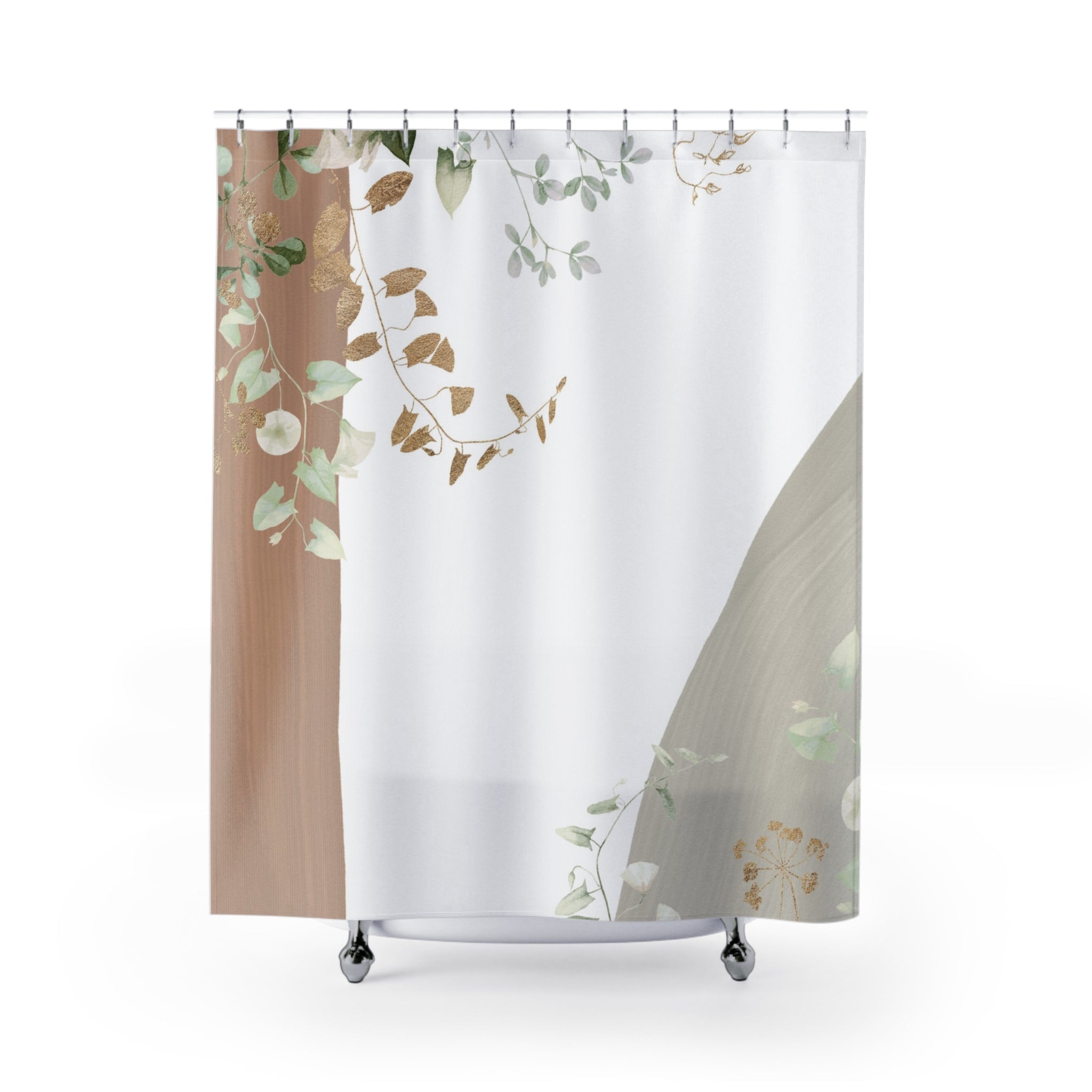 White Shower Curtain | Floral, Beige Grey, Green