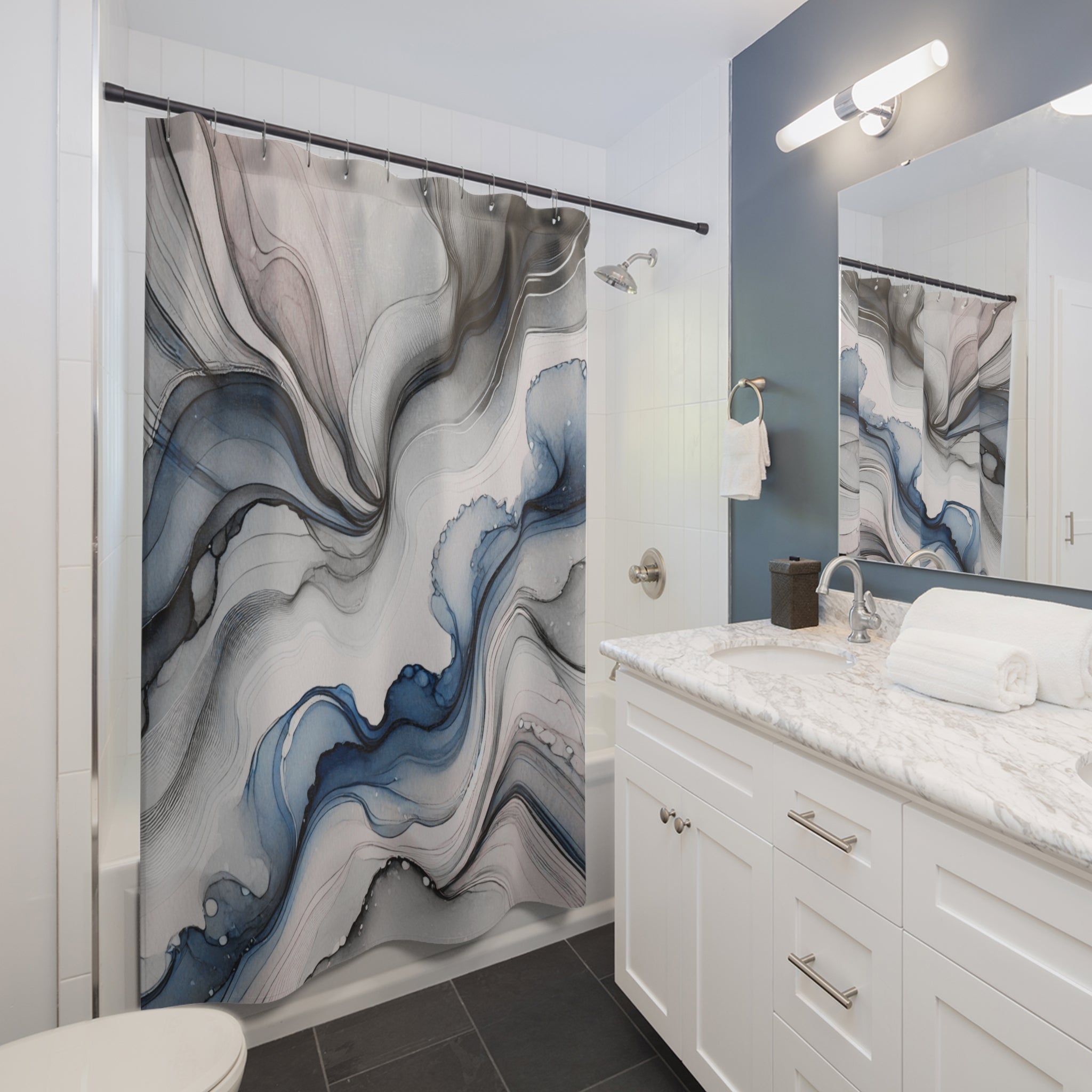 Abstract Watercolor Shower Curtain | Grey Blue Ombre Bathroom Decor