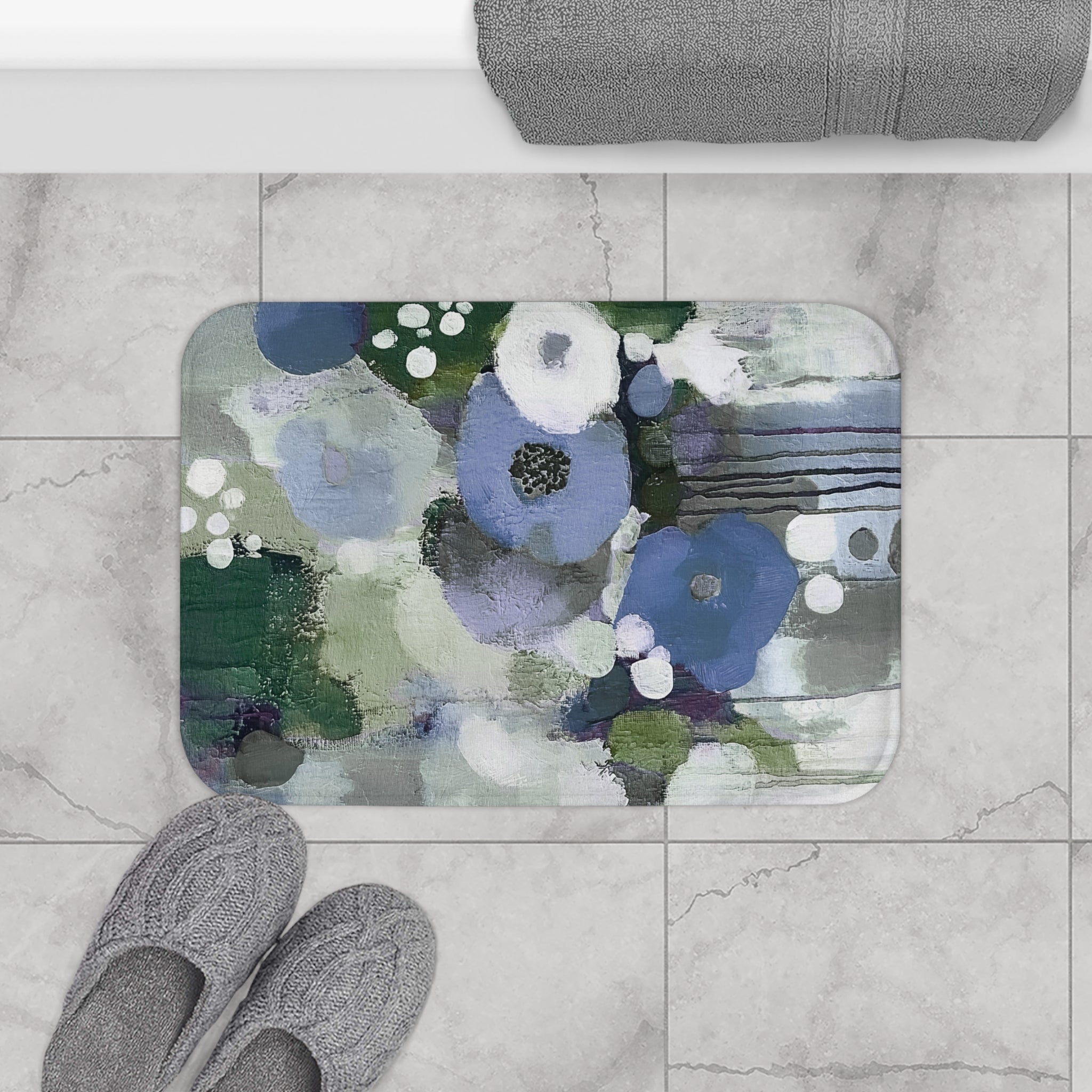 Abstract Floral Bath Mat | Colorful Blue White Sage Green Kitchen Mat