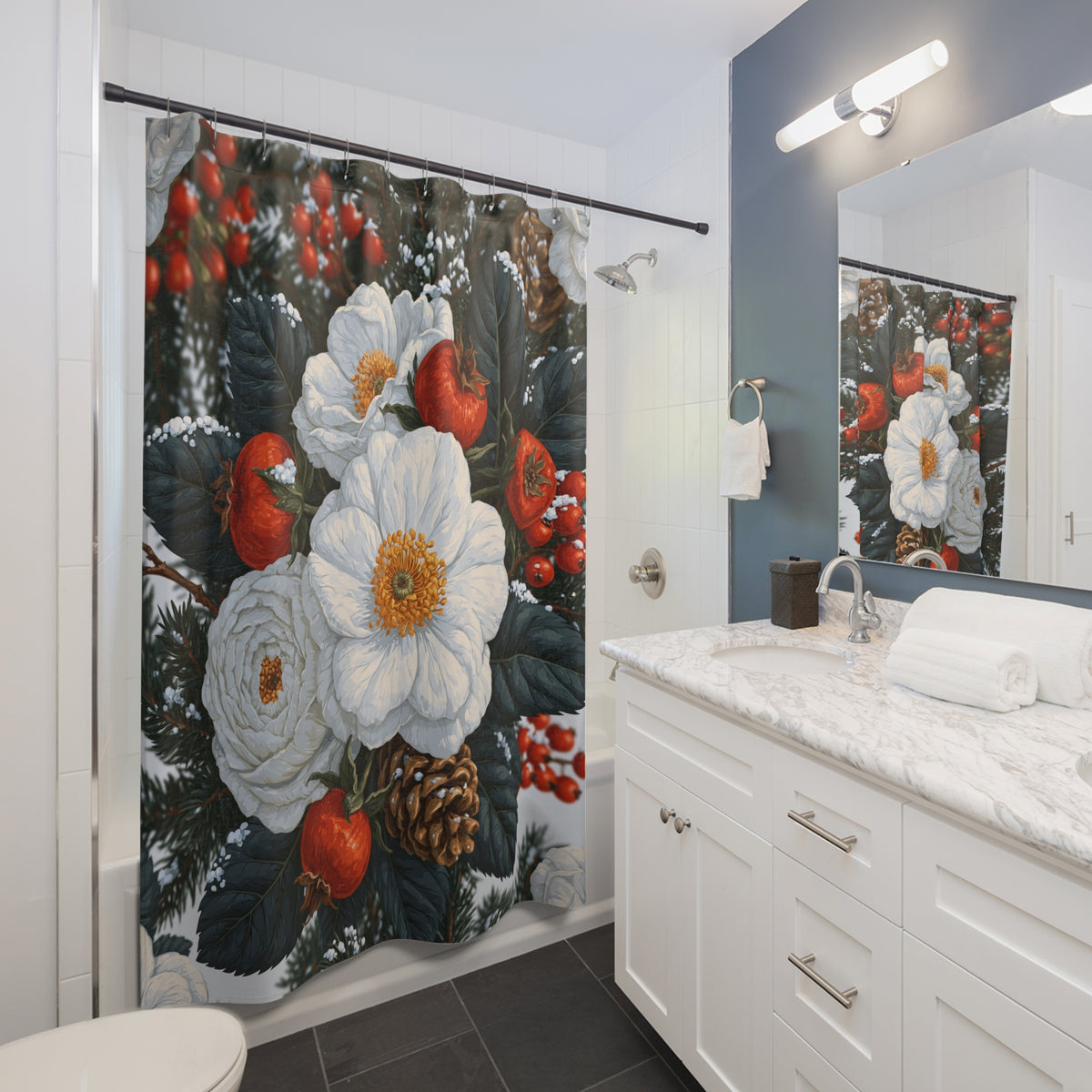 White Rose Winter Floral Shower Curtain, Bath Curtain 71x74