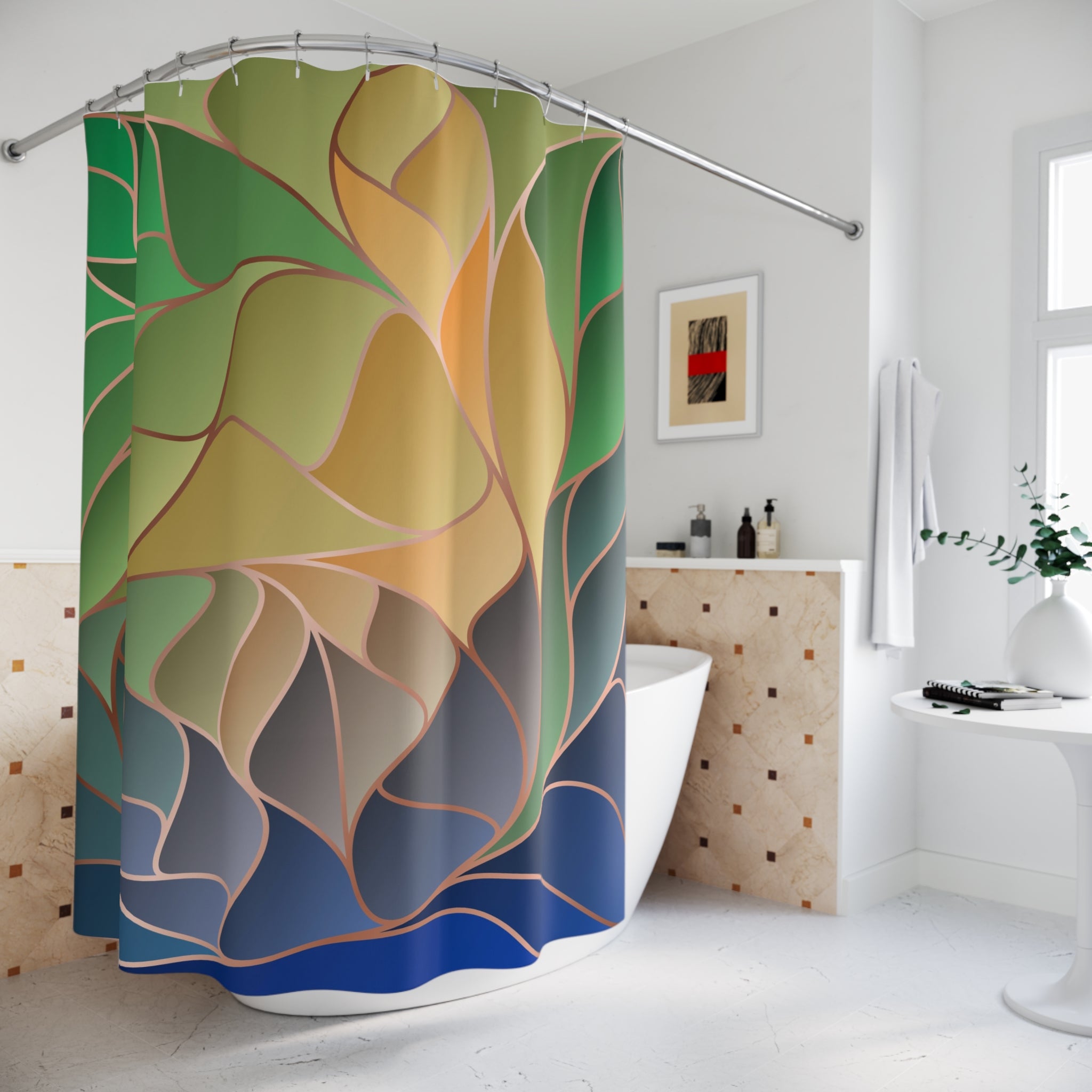Art Nouveau Shower Curtain | Green Blue Fabric Curtain