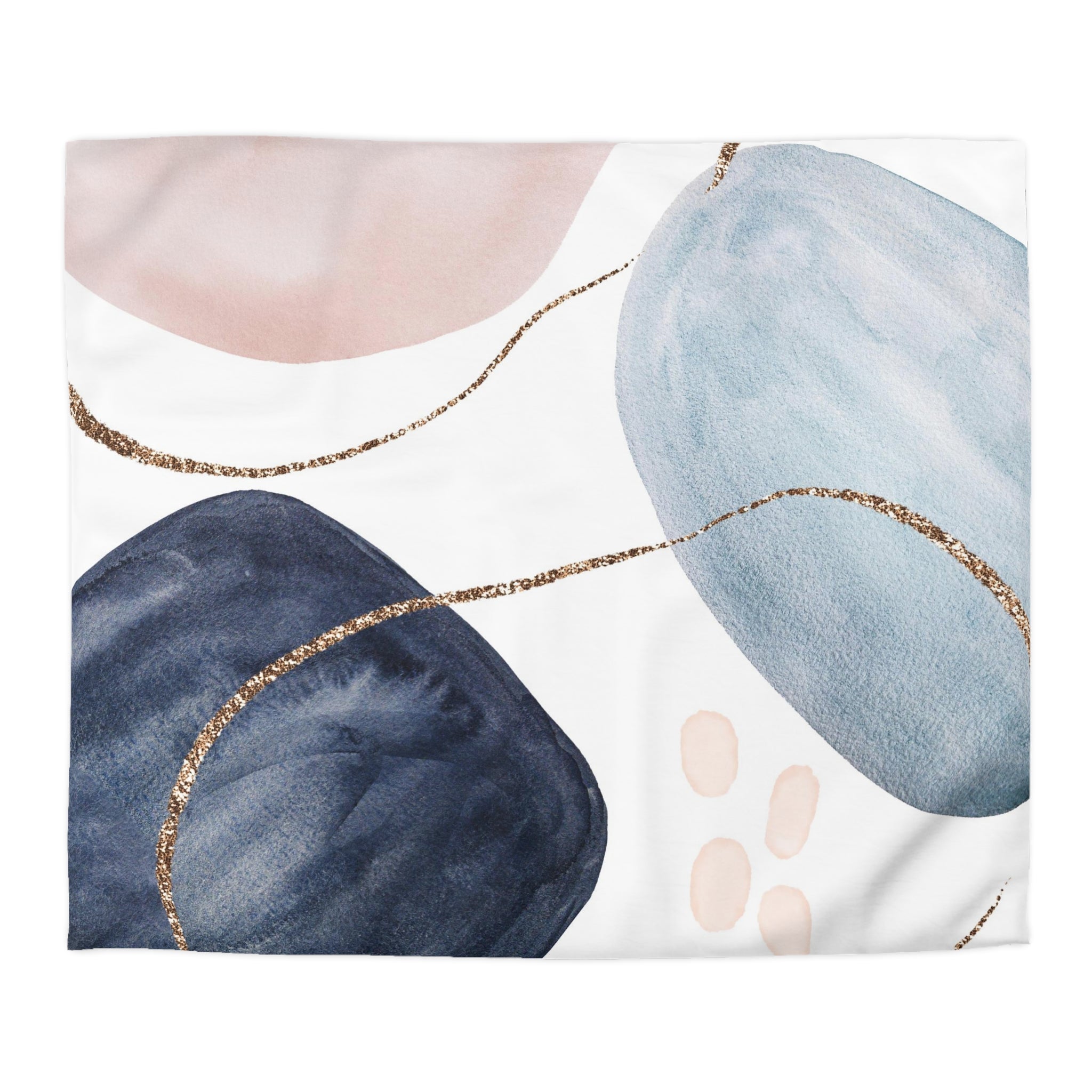 abstract watercolor paintings with various shades of blue, pink, and black, along with gold lines and dots.
