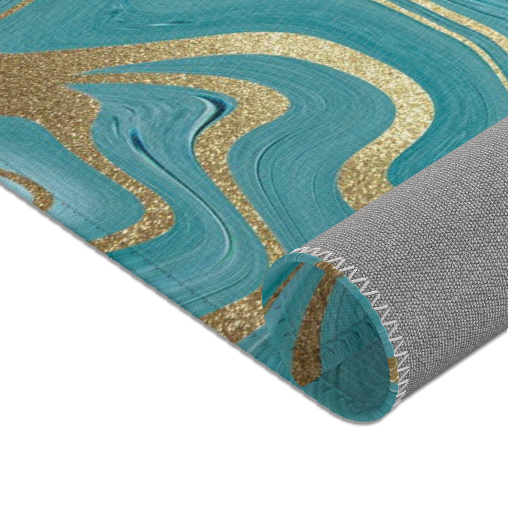 Abstract Large Area Rug | Teal Green Blue, Gold Beige Liquid Ink