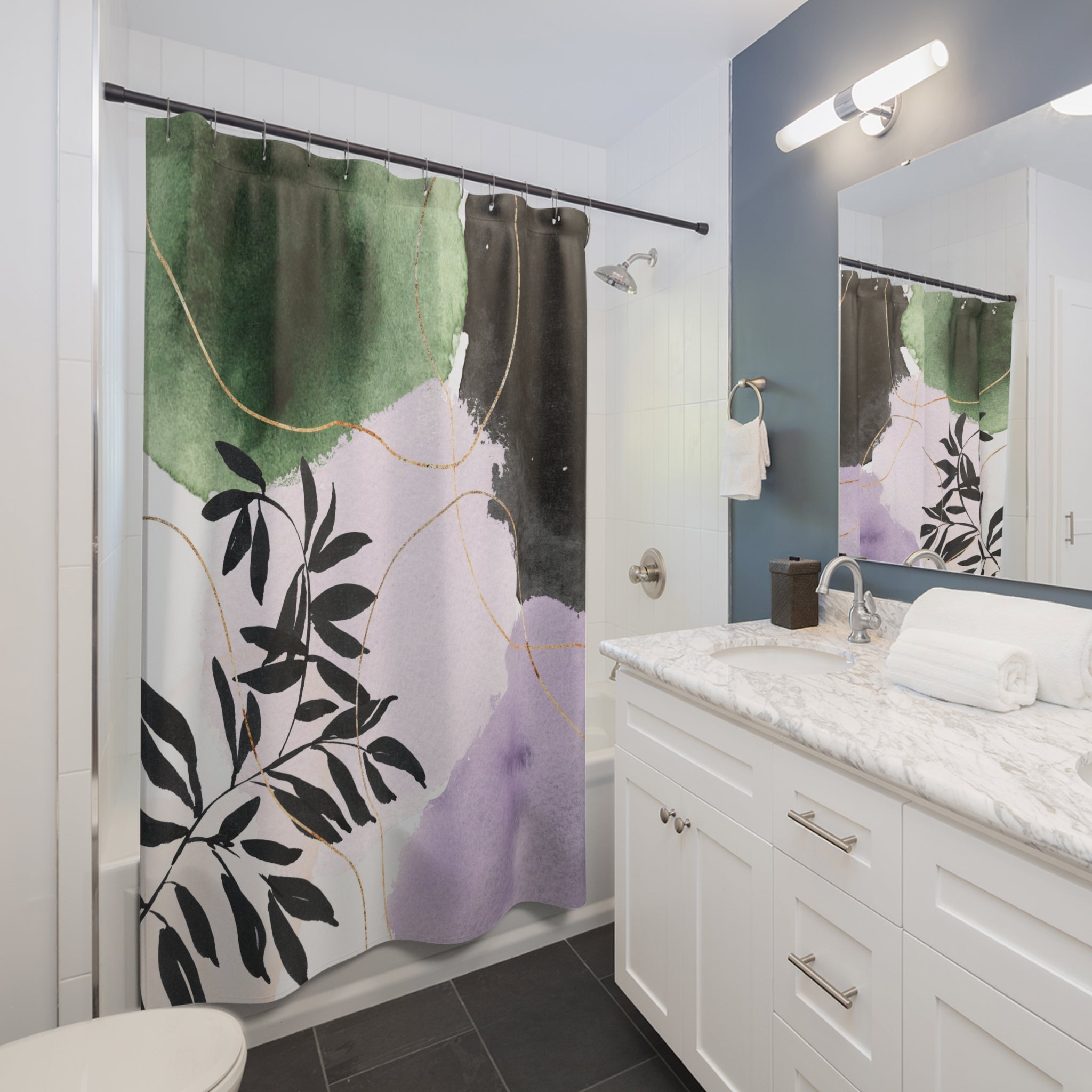 Abstract Shower Curtain | Artsy Black Leaves, Lavender Blush, Green