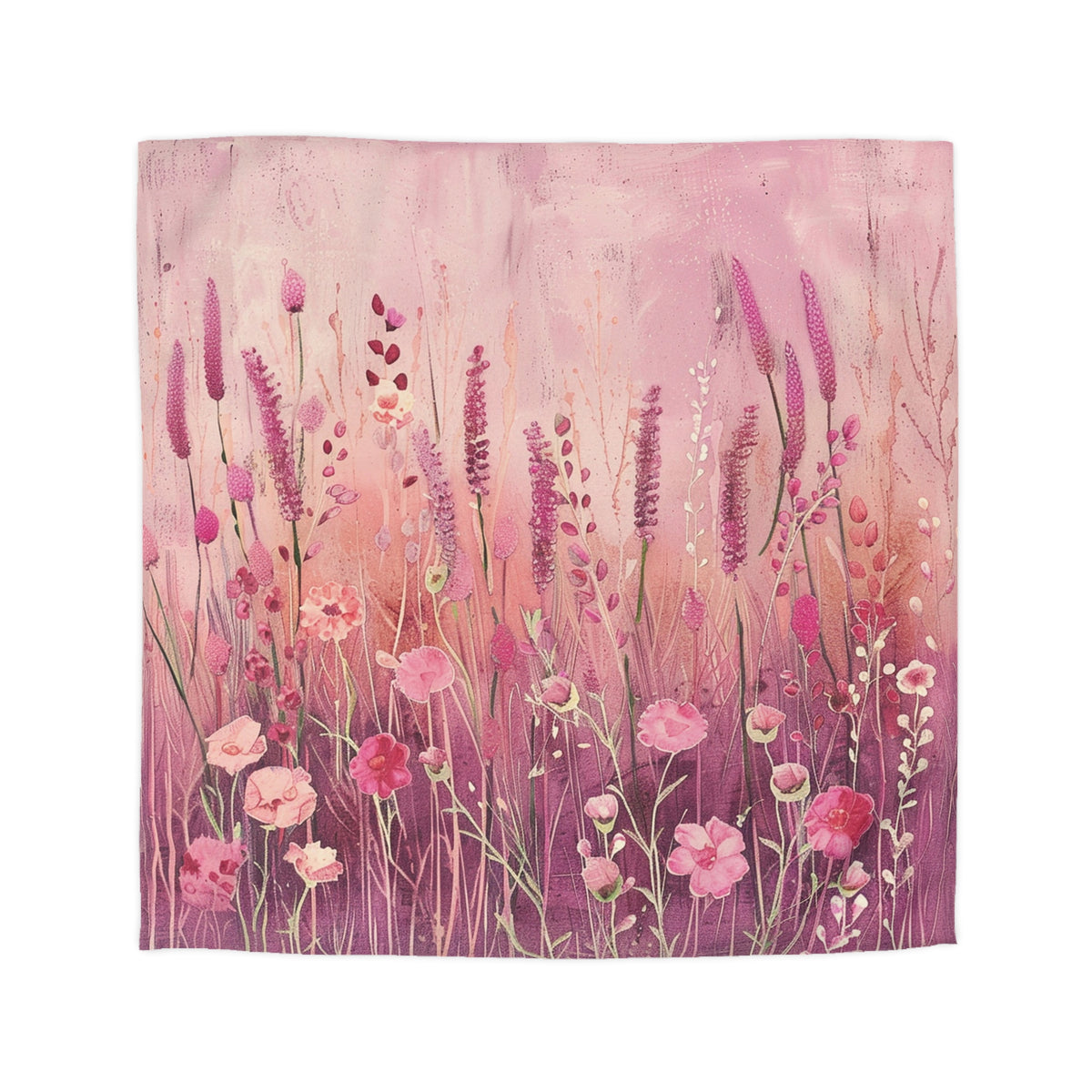The image is a vibrant and colorful painting depicting a field of tall grass and flowers in shades of pink and purple.