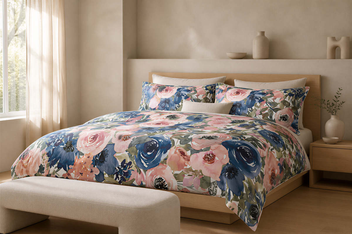a bedroom with a floral-patterned bedspread and pillows, a wooden headboard, and a window with curtains. There is also a white bench in the room.