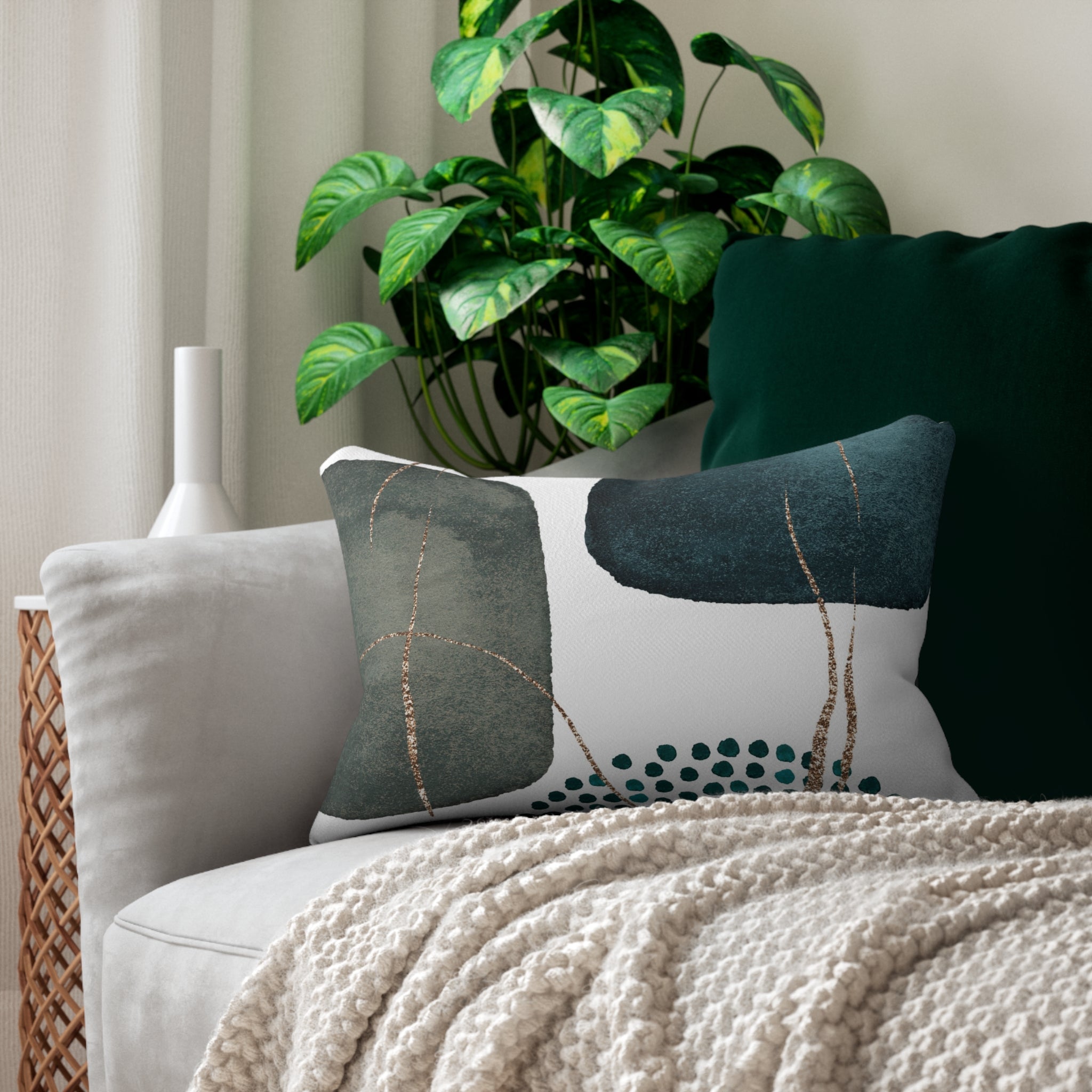 Abstract Lumbar Pillow | Teal Green Beige White