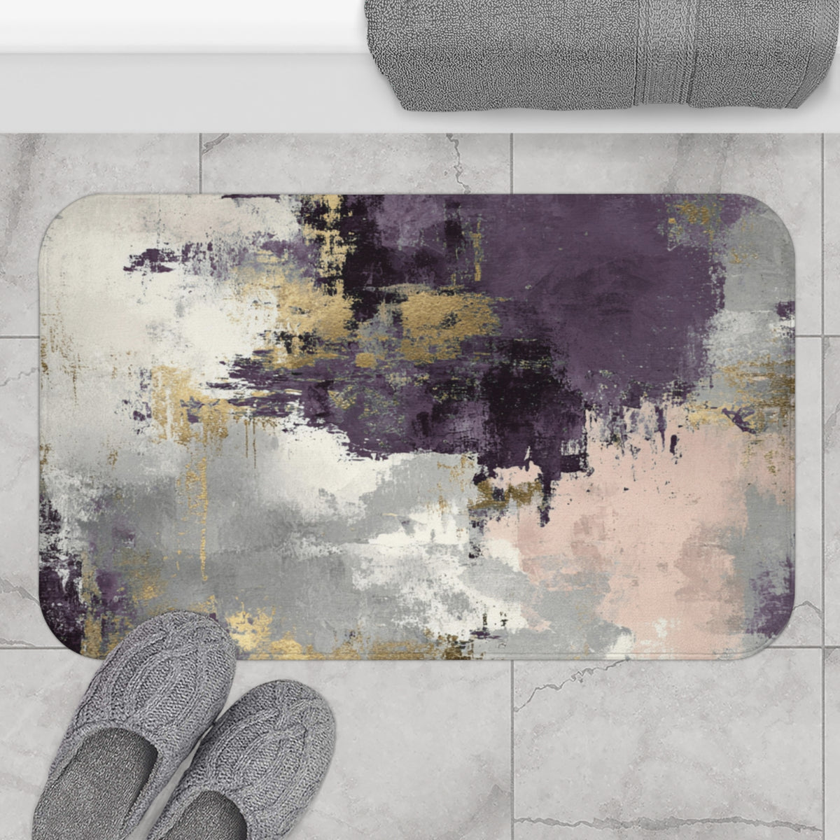 Aubergine Grey Ochre Abstract Bath Mat, Moody Bathroom Rug