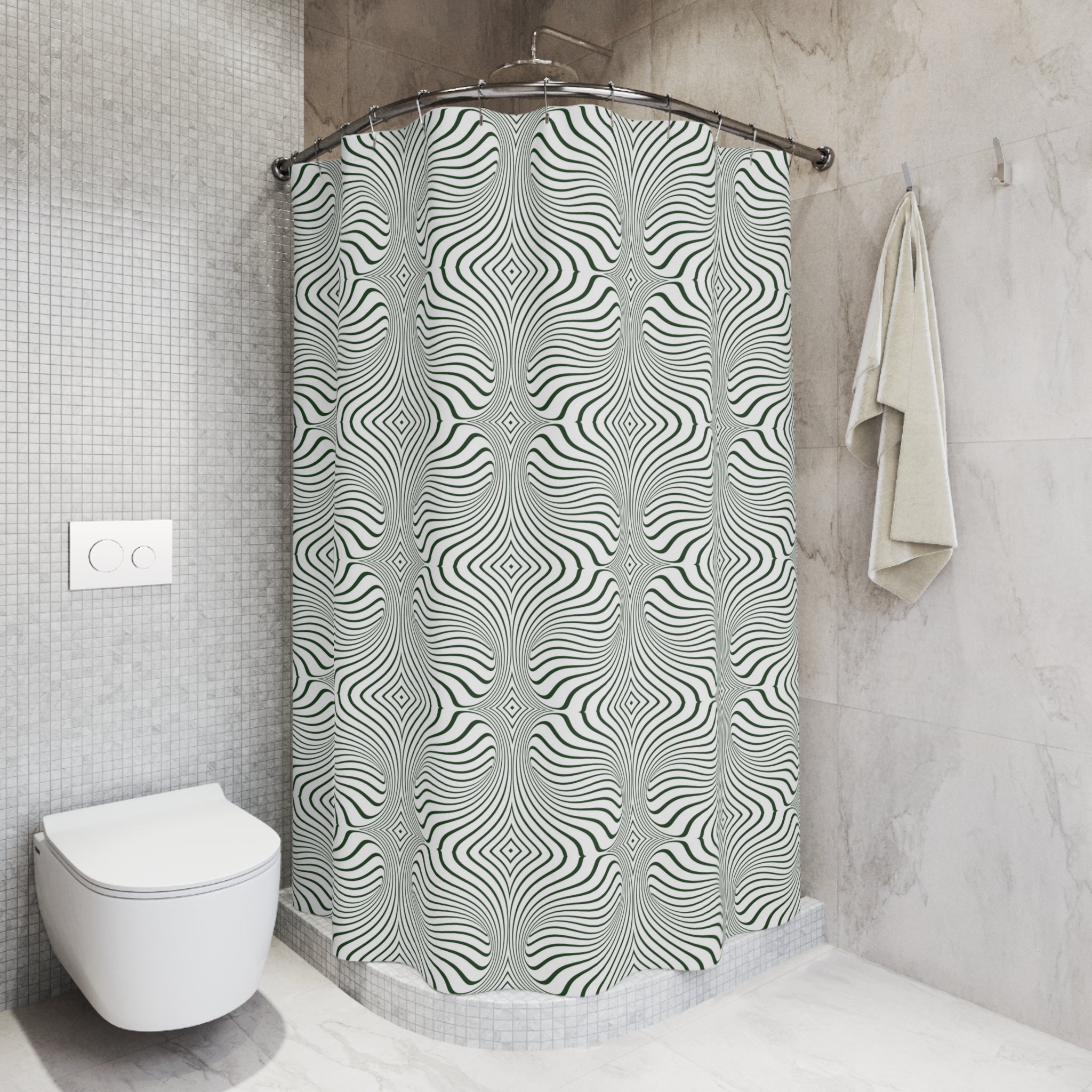 Art Deco Shower Curtain | Dark Green, White Bathroom Decor