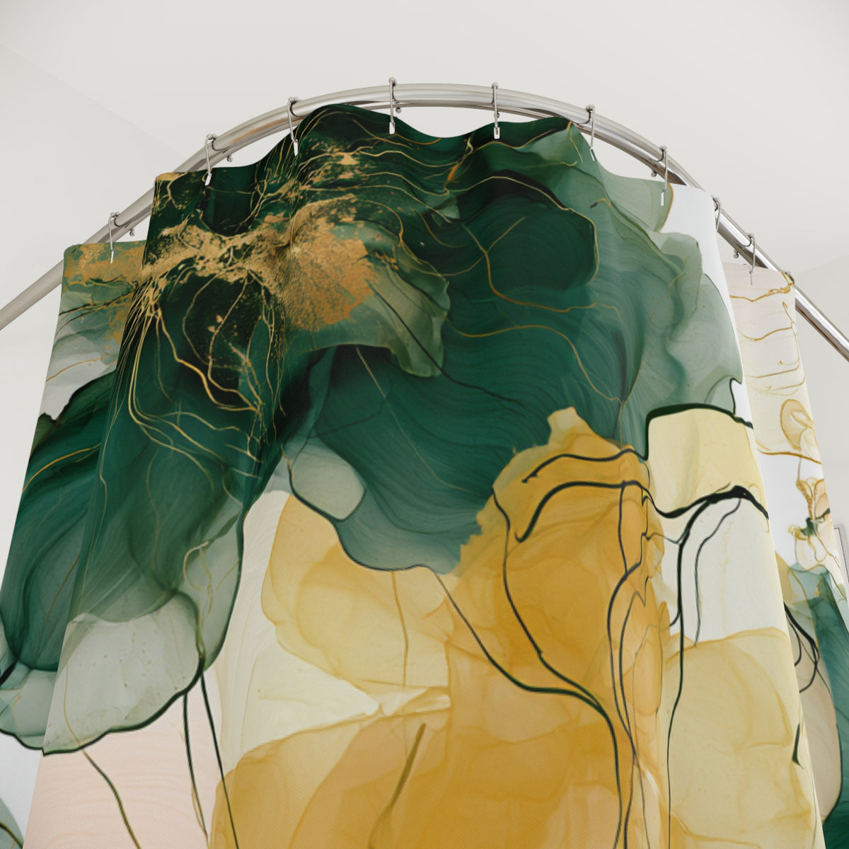 Green Mustard Line Art Floral Shower Curtain, Bath Curtain