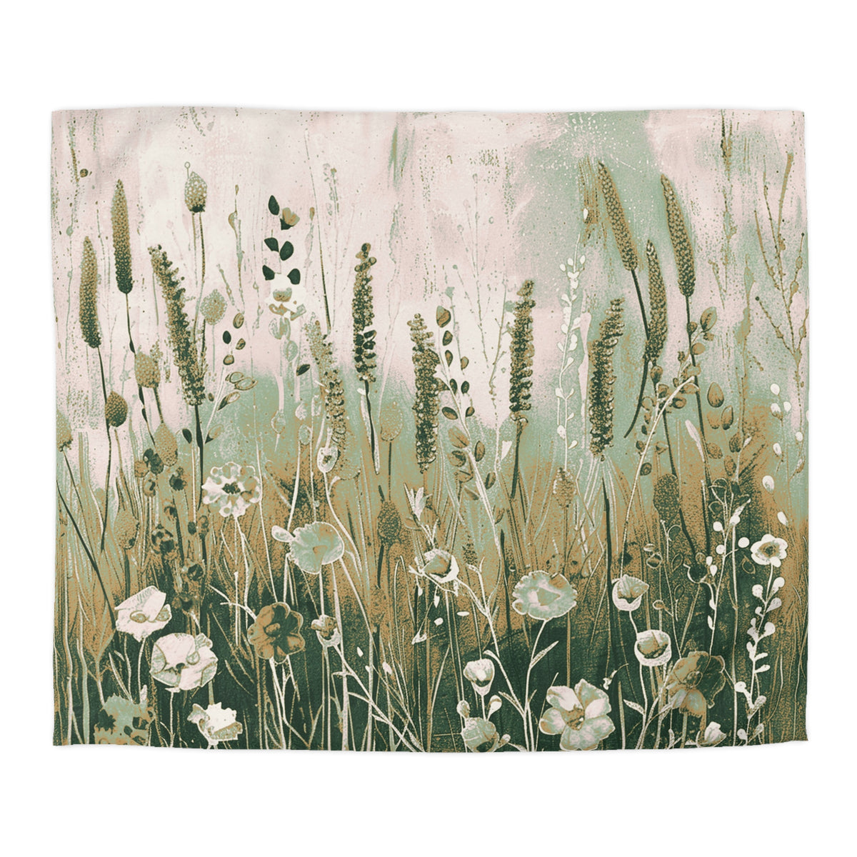 a field of tall grass with various types of flowers and plants growing in it.