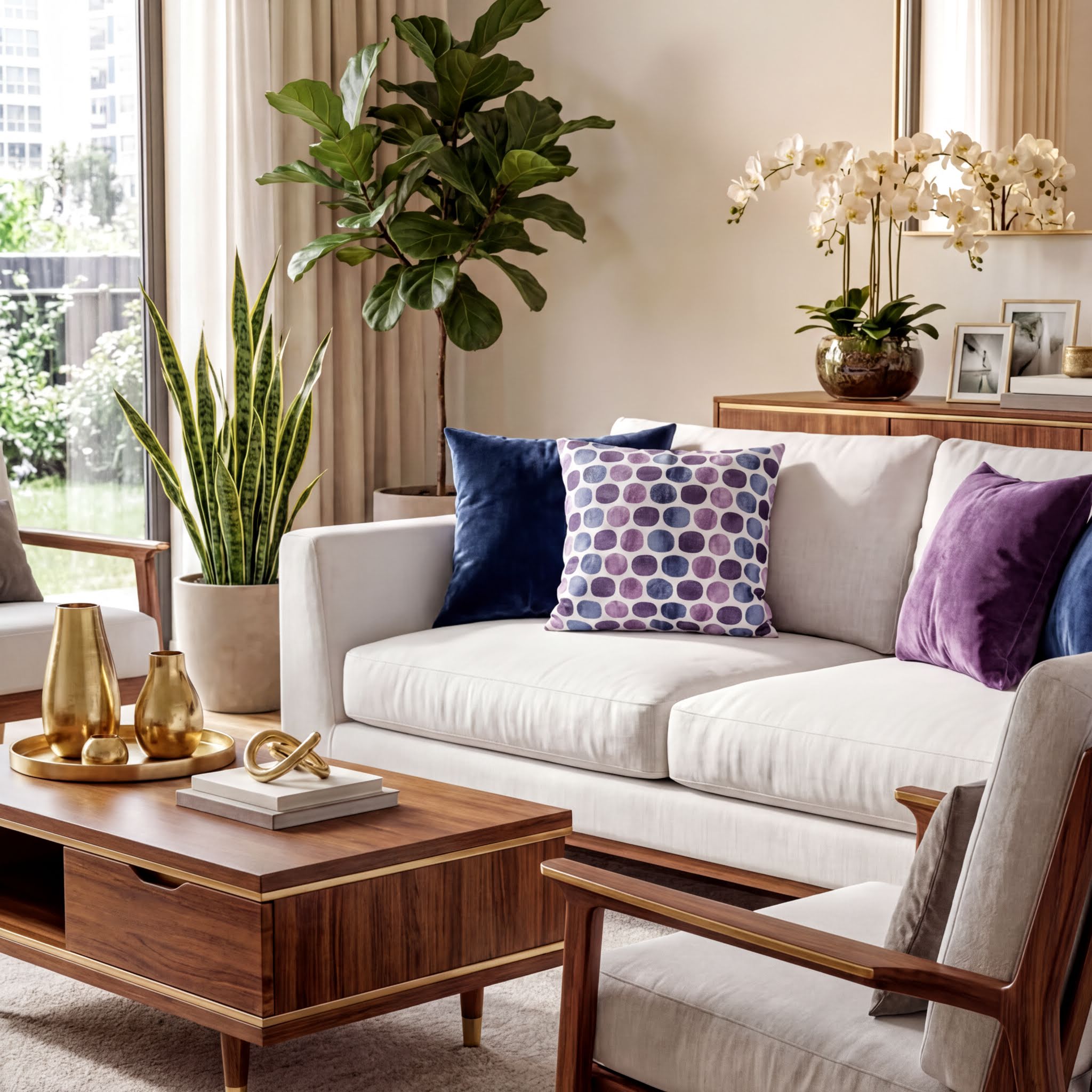 a well-decorated living room with a white sofa, a wooden coffee table, and various decorative elements such as potted plants, vases, and books.